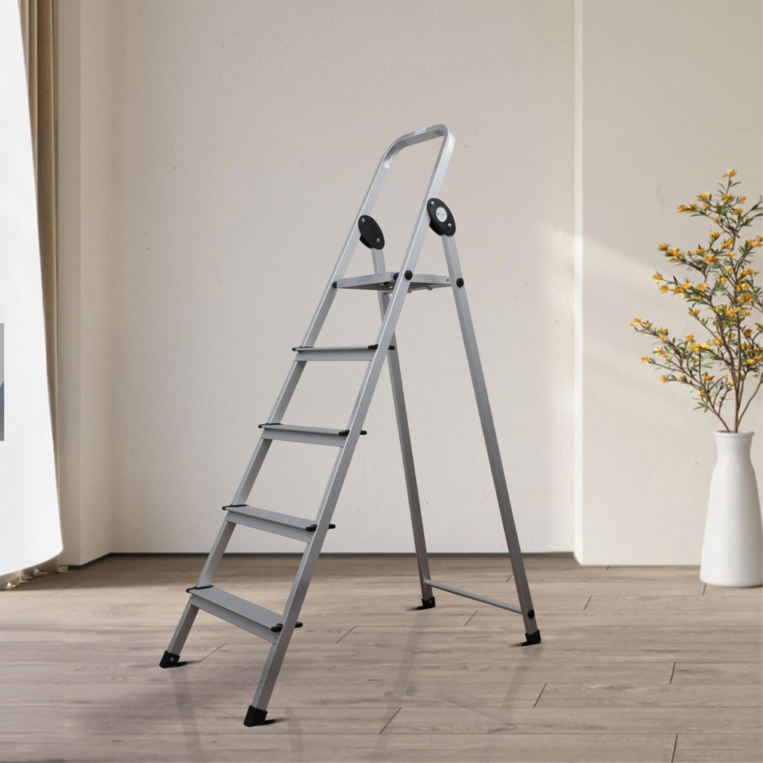 BonKaso 5-Step Foldable Aluminium Ladder for Home | Anti-Slip Steps | Edge Guards | with Sure-Hinge Technology (Black)-image-18