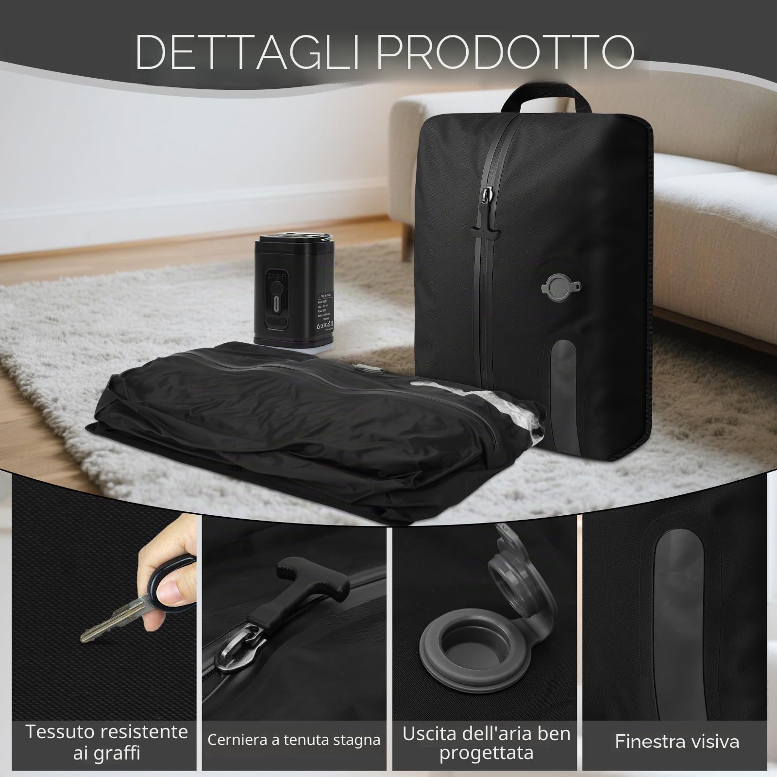 Sacchetti Sottovuoto Professionali da Viaggio con pompa senza fili, Ip67, Riutilizzabili, per Valigie e Zaini, Sacchetto Sottovuoto Salvaspazio, per Viaggi, Leggeri e Durevoli (1PC+Pompa)