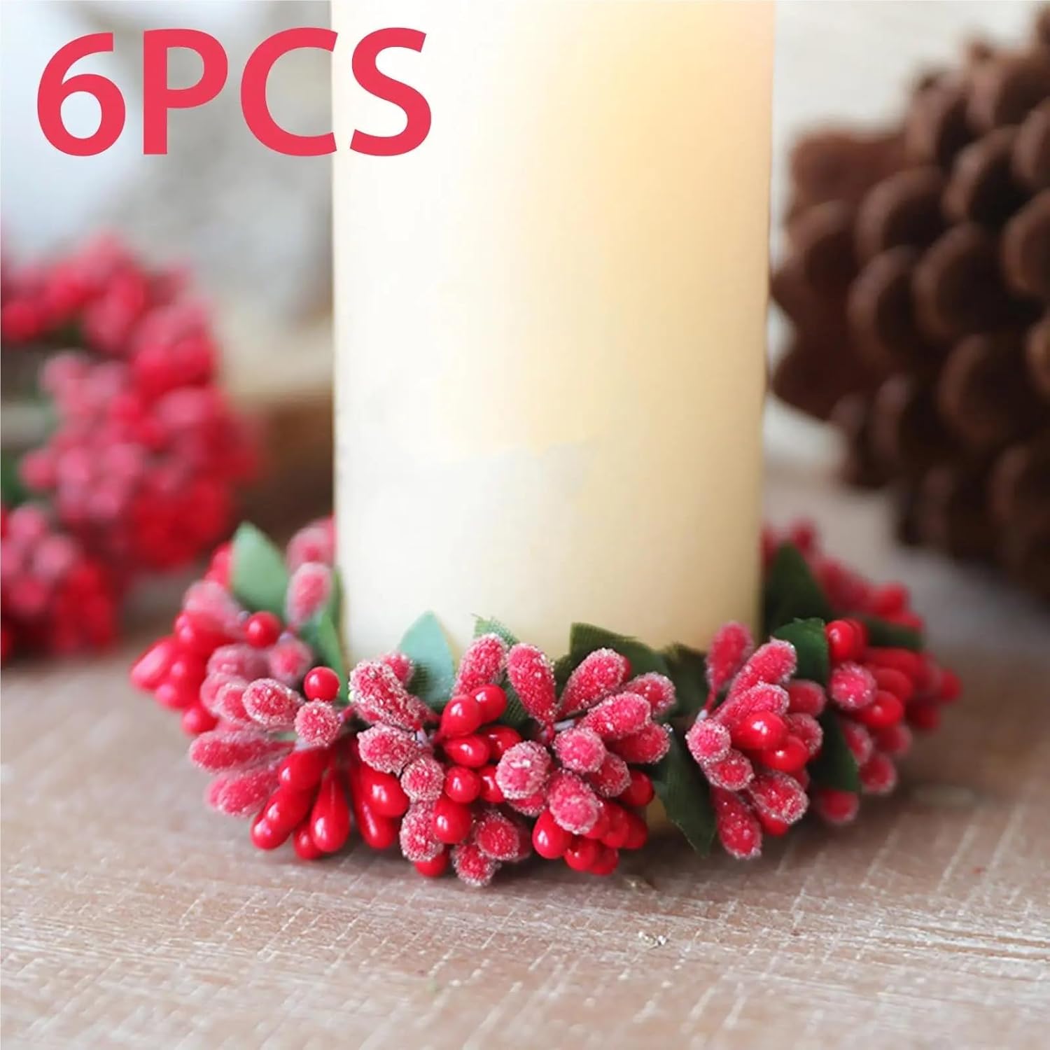 Candle Wreath 6Pcs Christmas Candle Ring Wreath, Pillar Candle Holder Small Wreath, for Valentine's Day Home Decor for Home Decorations