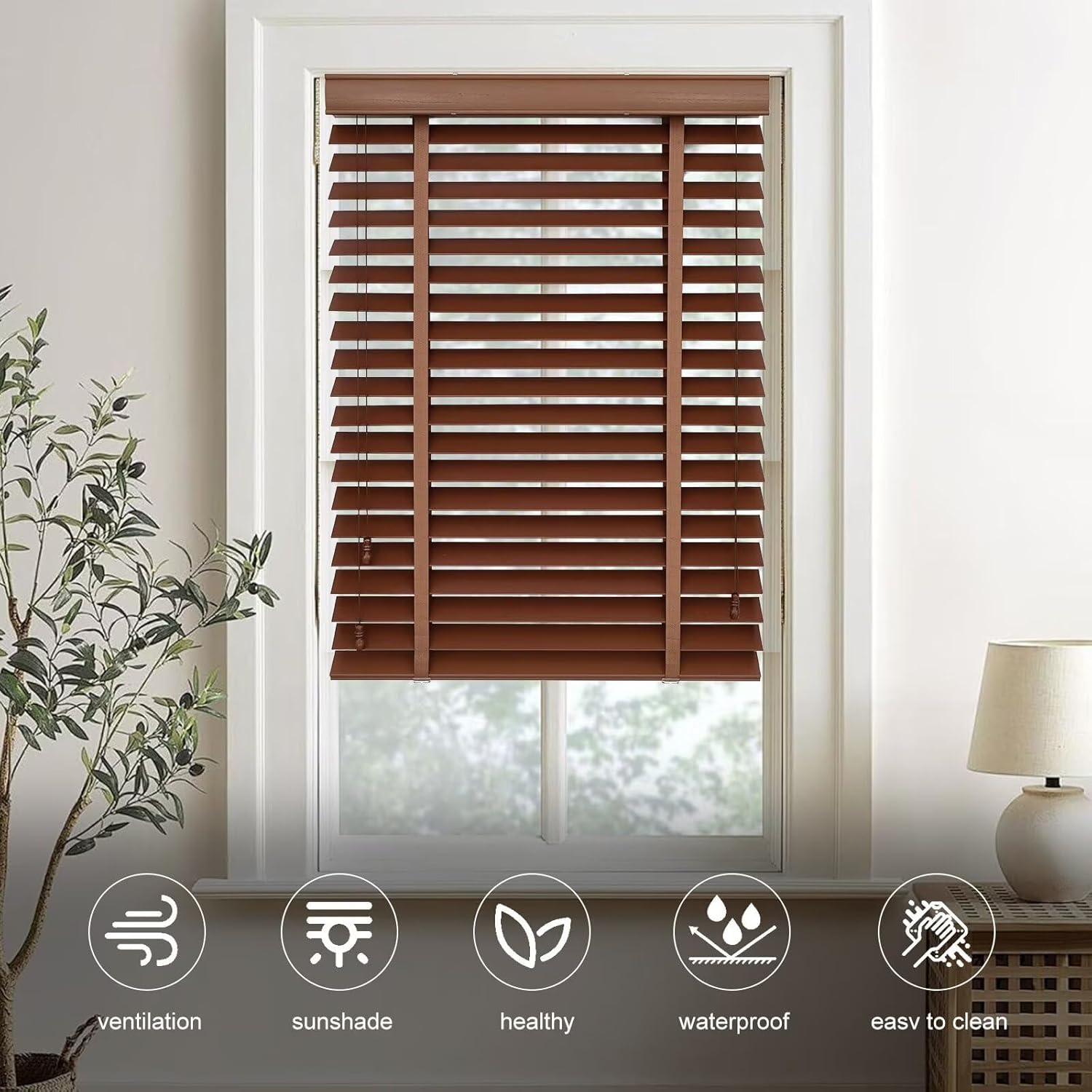 2” Slats Blackout Wood Blinds for Indoor Windows, Solid Wooden Blackout Blinds Blackout Shades, Horizontal Blinds Easy Install for Living Room Bedroom & Office 23x48inch