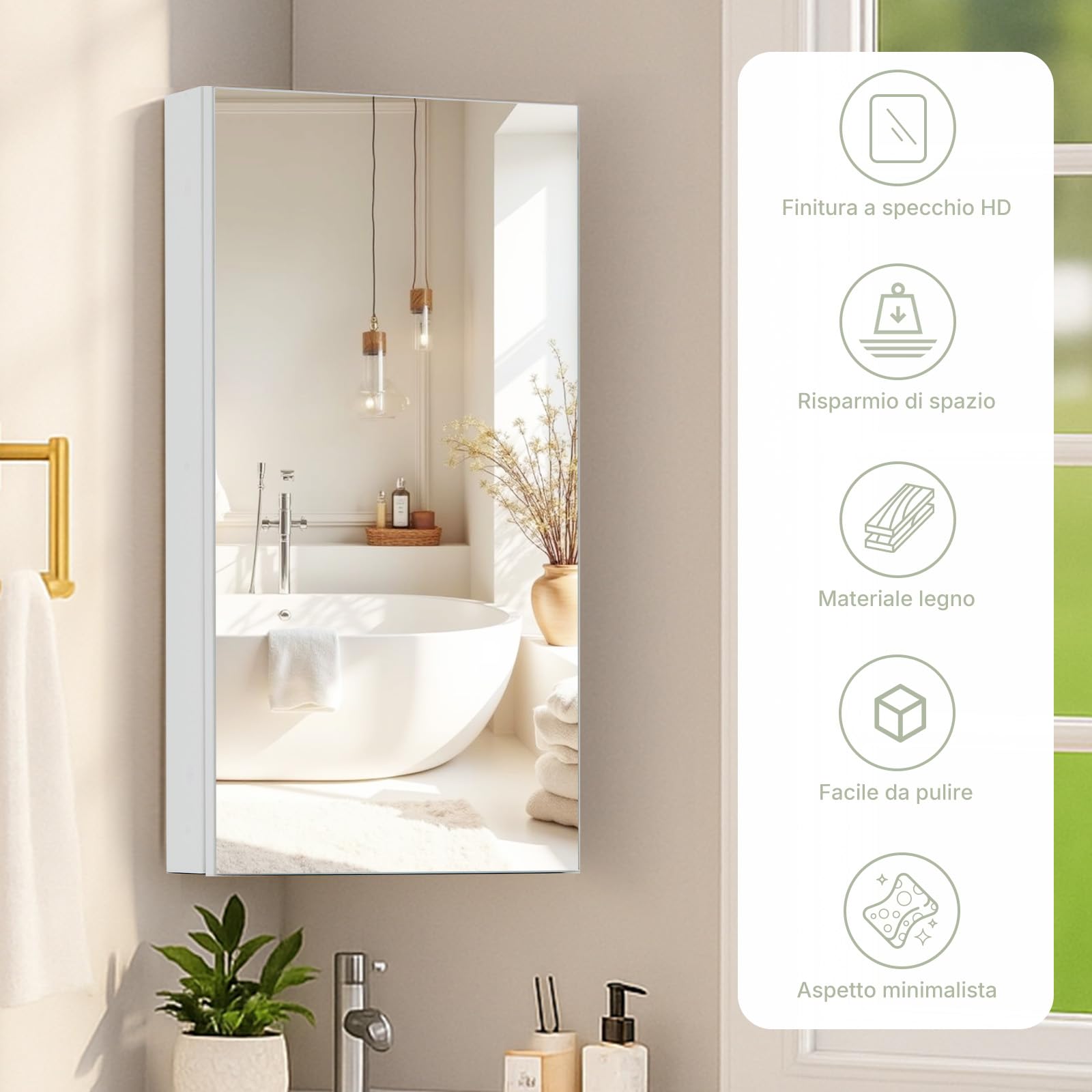 LEMROE Armadio con Specchio Angolare da Bagno - Mobile da Toilette a Muro con 2 Ripiani, Design Compatto, in MDF Resistente all'Umidità, 30 x 24 x 60 cm