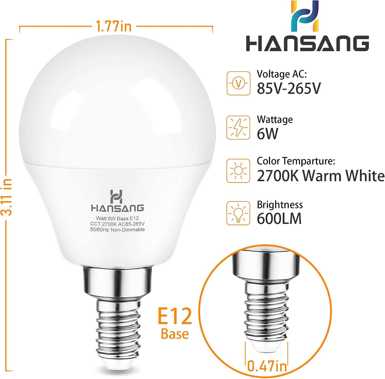 8 Pack Ceiling Fan Light Bulbs E12 Base, 60W Equivalent E12 Base Small Light Bulb, 2700K Warm White, LED Candelabra LED Bulbs, A15 Shape Bulb for Chandelier, 600LM, 120V, Non-Dimmable