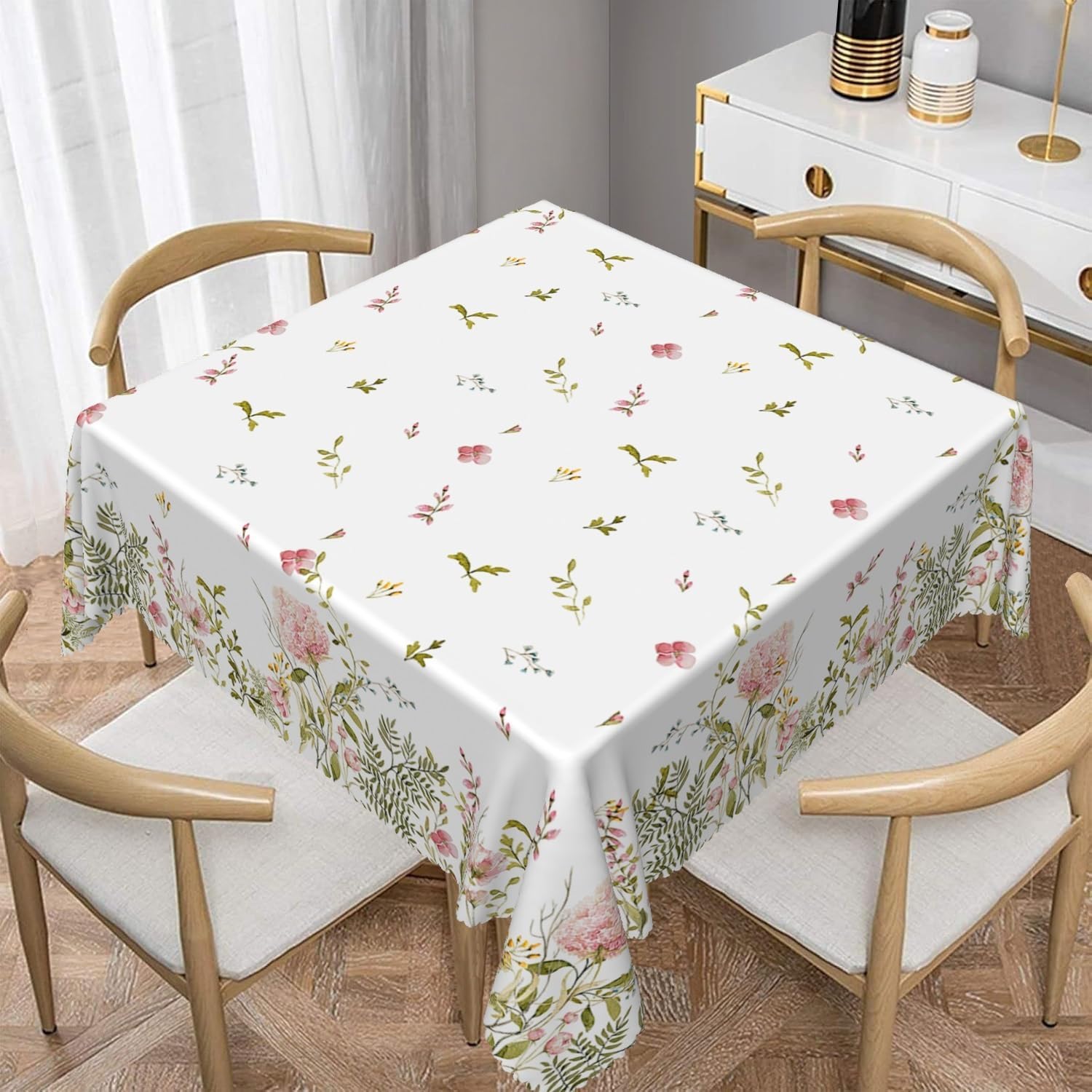 60x60inches Spring Summer Floral Square Tablecloth Watercolor Pink Flowers Botanical Plants Decorative Table Cover Washable and Reusable Fabric Table Cloth for Kitchen Dining Room Home Decor