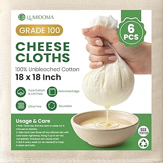 6Pcs Cheese Cloths for Straining 18x18 Inch, Grade 100 Reusable Cheesecloth Bags for Straining With Reinforced Edges, Unbleached Cotton Muslin Fabric Strainer for Baking, Juicing, Milk, Cheese, Crafts