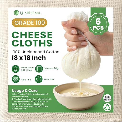 6Pcs Cheese Cloths 18x18 Inch, Grade 100 Cheesecloth for Straining | Reusable Cheese Cloth With Reinforced Edges, Unbleached Cotton Muslin Fabric Strainer for Baking,Juicing,Milk,Cheese, Crafts