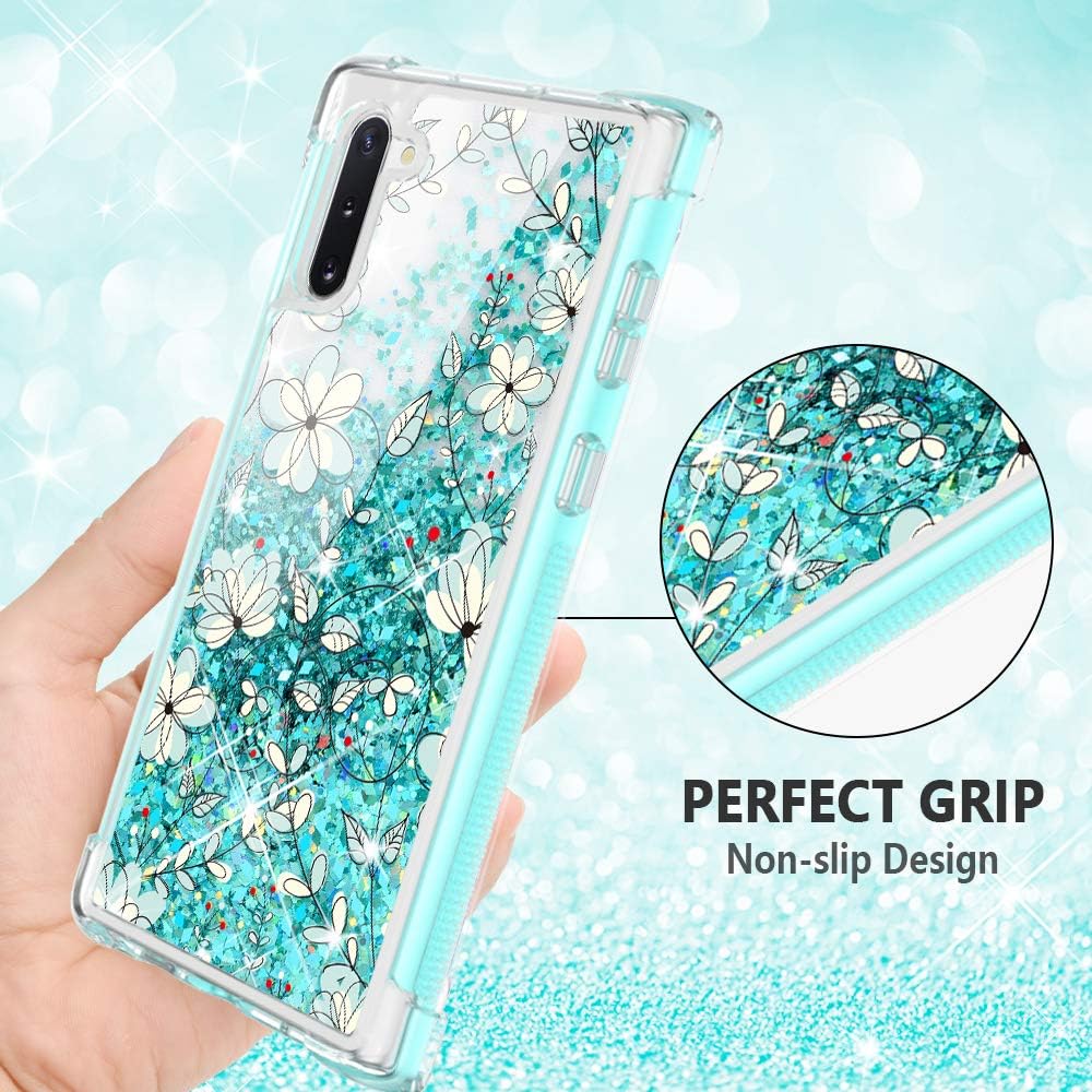 Caka Galaxy Note 10 Case, Note 10 Glitter Floral Full Body Case Bling Sparkly Floating Liquid Flower Girly Girls Women Protective Bumper Case Without Screen Protector for Galaxy Note 10 (Light Blue)