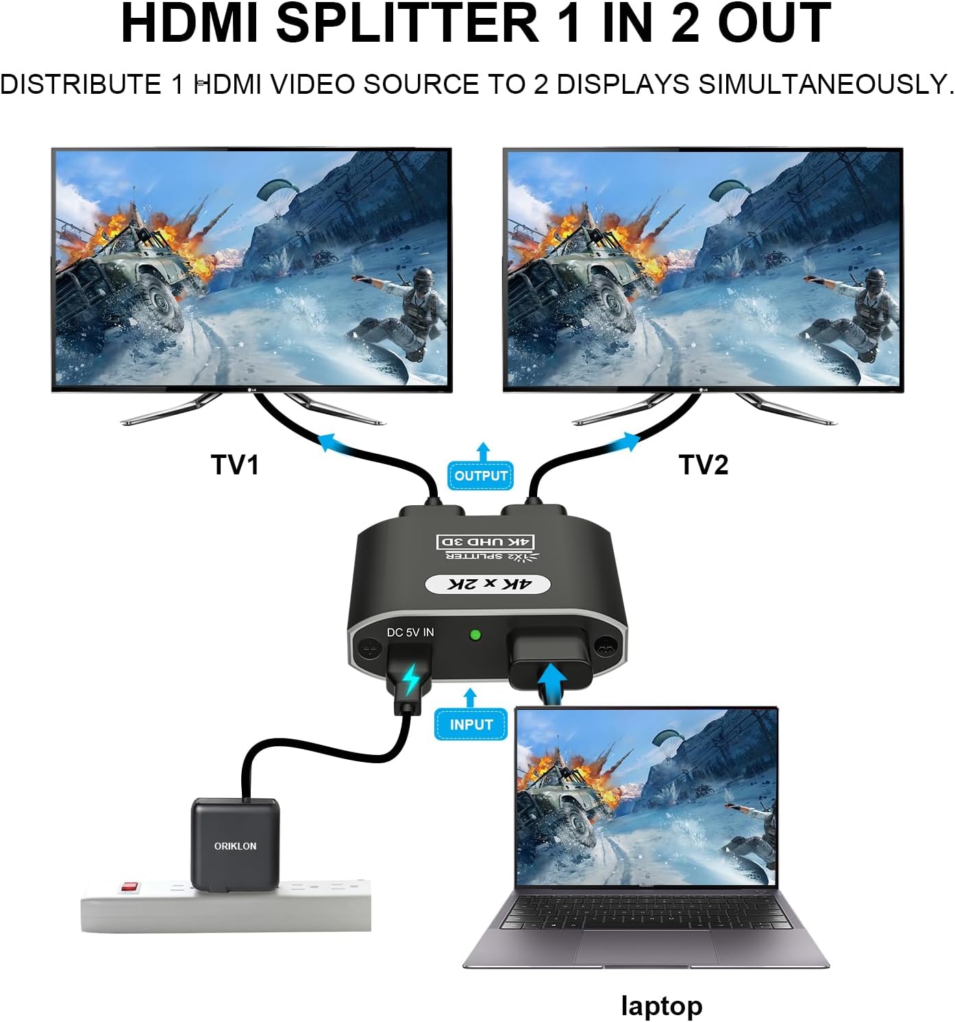 HDM I Splitter 1 in 2 Out, 4K@30Hz HDMI Splitter for Dual Monitors, Aluminum Powered HDM I Spliter for Mirror Screen,1x2 Duplicator Support 3D HD 1080P