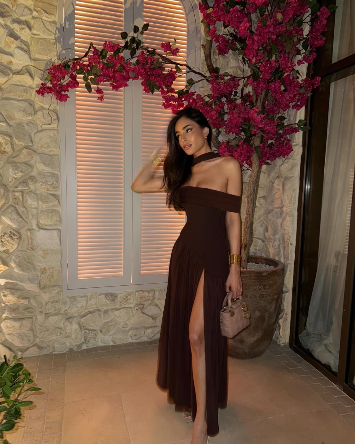 Off Shoulder Bridesmaid Dresses with Scarf Long Pleated Chiffon A-line Formal Evening Gowns with Slit - Image 3