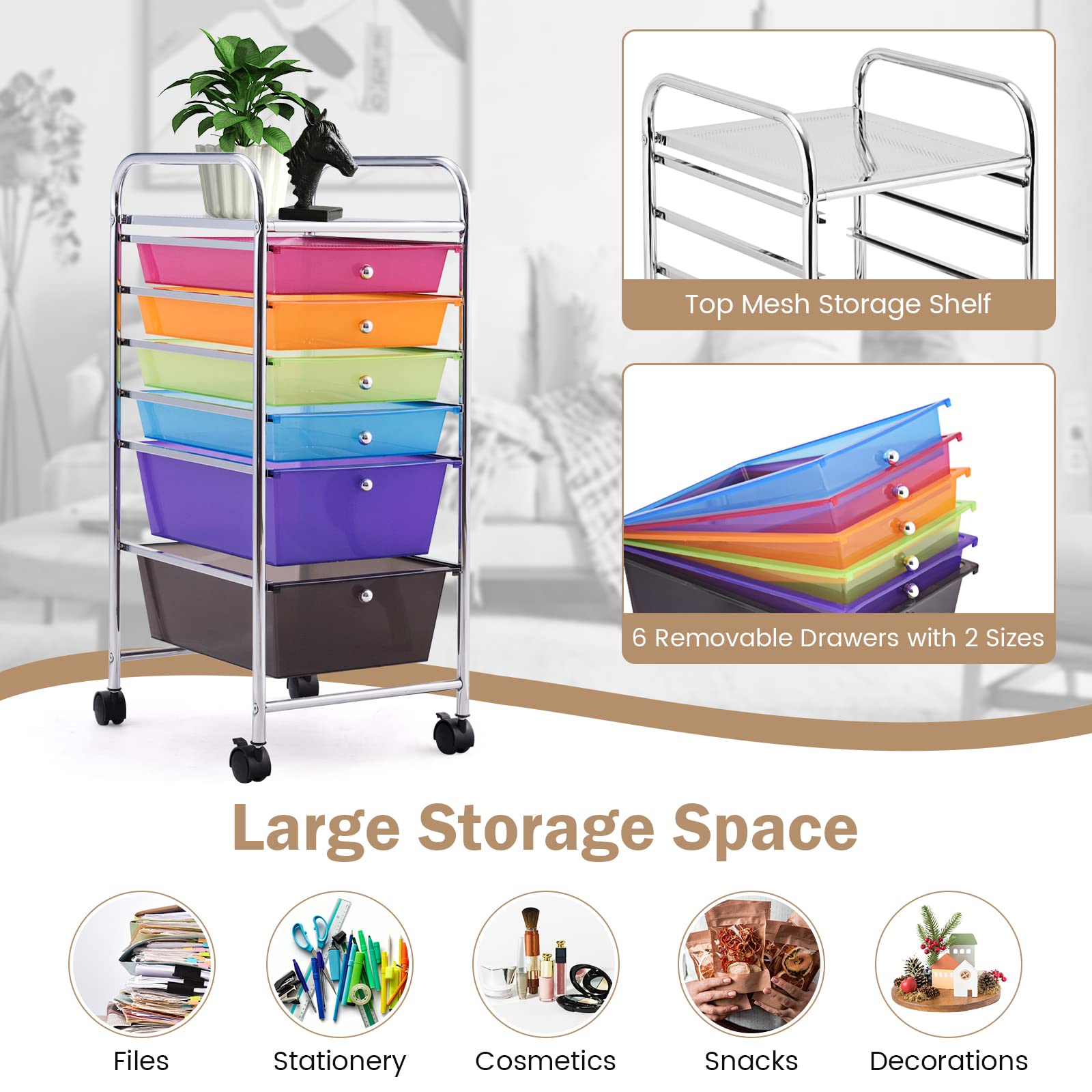 KOMFOTTEU Carrito de Almacenamiento con 6 Cajones Apilables, Carro Auxiliar con Ruedas Bloqueables, Carrito Organizador con Estructura de Metal, para Oficina, Baño, Salón, 32 x 37 x 74 cm