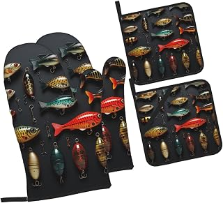 4 Pcs Oven Mitts and Pot Holders Kitchen Oven Glove Fishing Lure Oven Mitts Heat Resistant Kitchen appliances Oven Gloves Pot Holders Sets for Cooking Baking Grilling