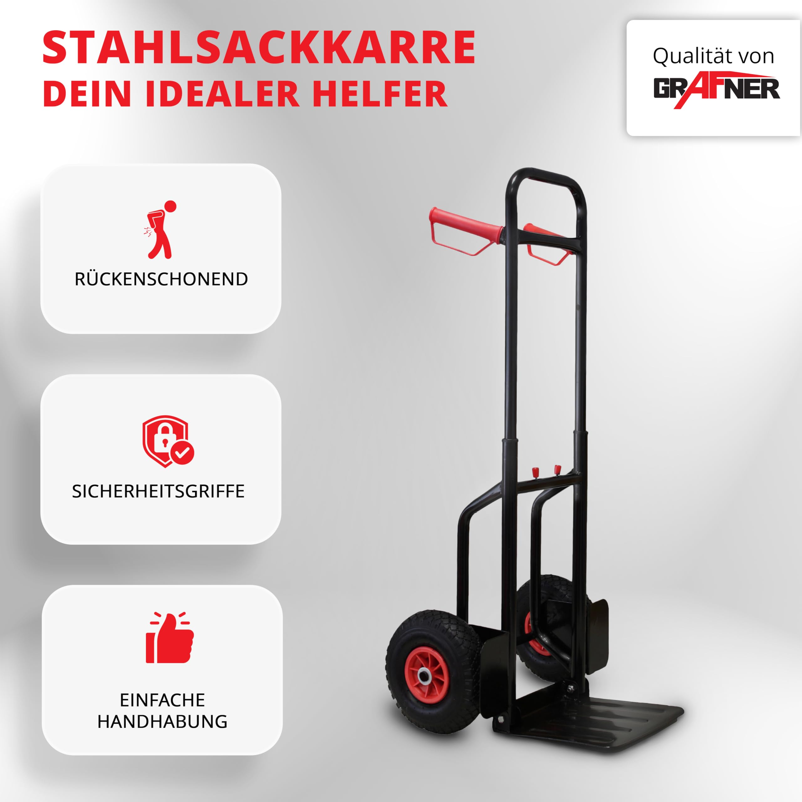 Grafner Sackkarre klappbar, Vollgummireifen, Belastbarkeit 200kg, PU Reifen, Haltegriffe und Schutzblech, Stahl Transportkarre Stapelkarre Transportwagen Transportroller Treppensackkarre ausziehbar
