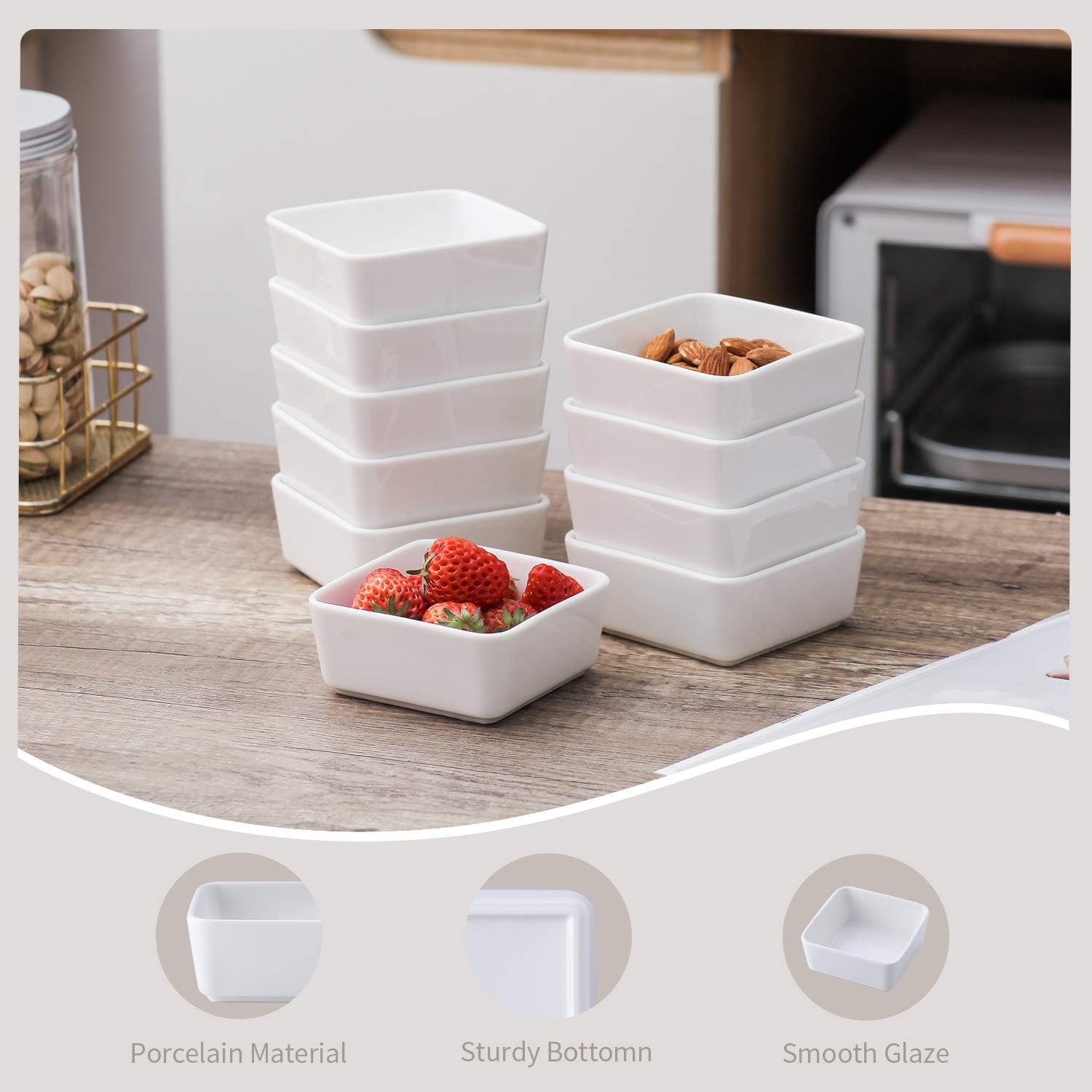 3.5 Inch Square Ramekins Set of 10, 6 oz Porcelain for Baking, Creme Brulee, Souffle, Appetizer, Dipping Sauce, Custard, Pudding - White