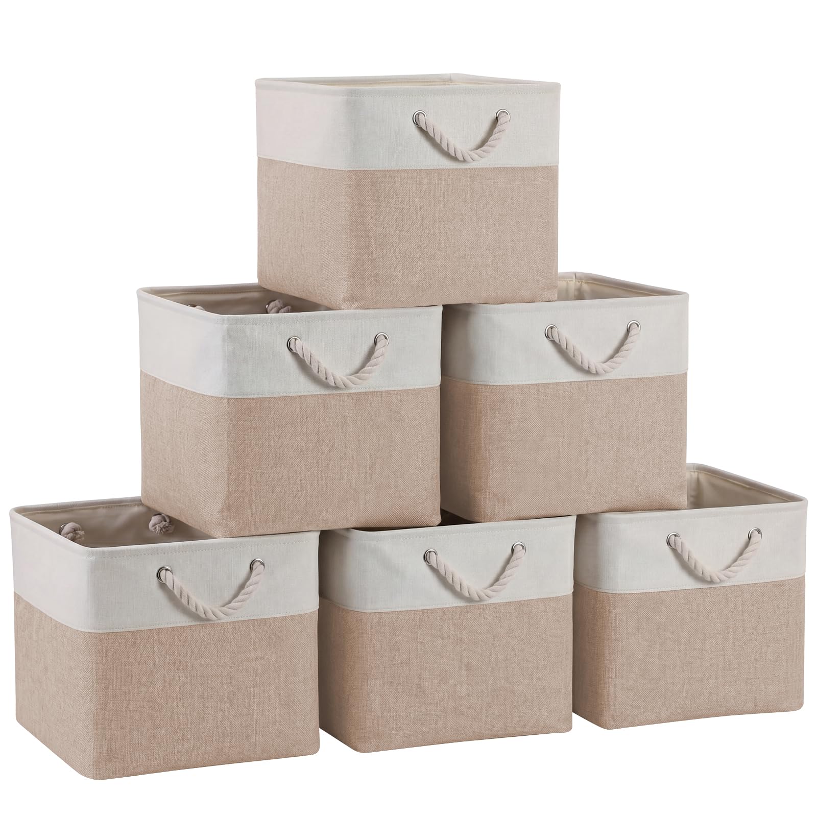 33×38cm Aufbewahrungsbox,Aufbewahrungskorb aus Stoff mit Tragegriffen,6 Stück faltbare Aufbewahrungskörbe,Geeignet für Bad,Schlafzimmer,Büro,Arbeitszimmer und Kinderzimmer(Weiß & Beige)