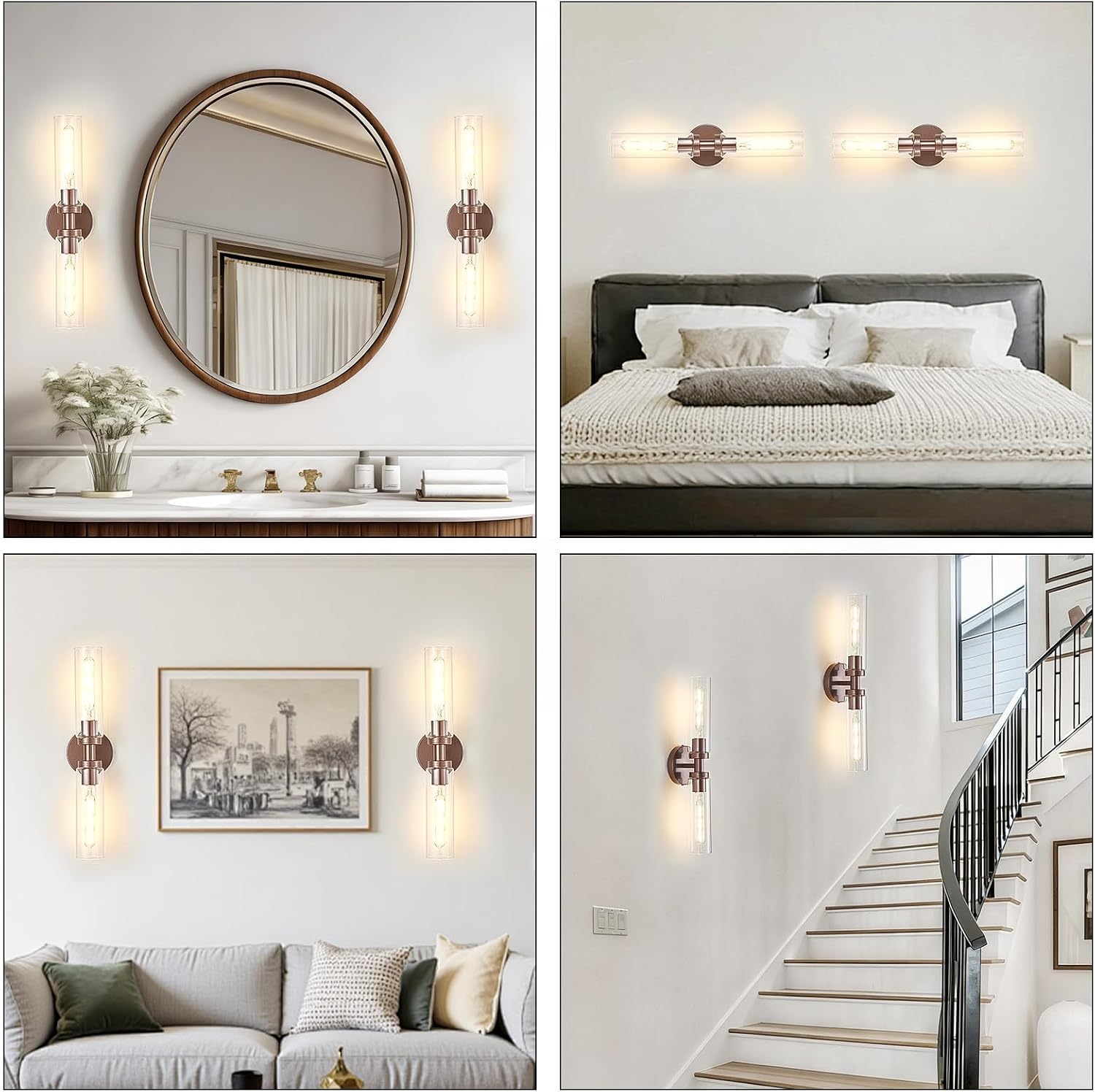 Lanhall 2 Light Bathroom Wall Sconces Set of 2,Modern Farmhouse Bronze Bathroom Light Fixture Over Mirror with Clear Glass Shade,Bathroom Vanity Light for Hallway Cabinet Bedroom Stairway Porch