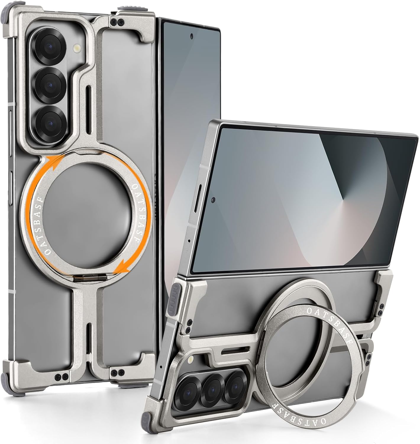 Metal Frameless for Samsung Galaxy Z Fold 6 Phone Case, with Magsafe Kickstand 360°Rotatable, Bezel Less Ultra Thin Heat Dissipation for Z Fold 6 Case Minimalist with Ring Stand for Men, Gray