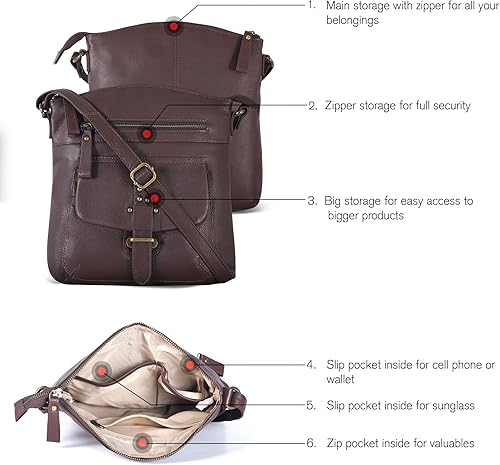 Miniatura 2 de Oak Leathers Leather Crossbody Bag For Women With Adjustable Sling Strap - Medium Size Crossover Shoulder Handbag Purse