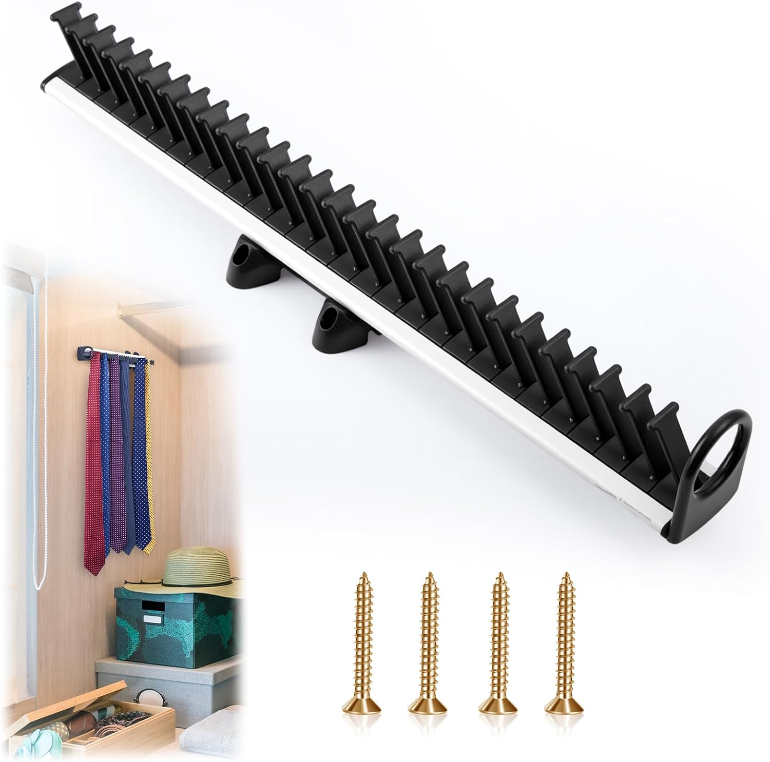 Maxdot Sliding Tie Racks 28 Tie Hanger Pull-Out Belt Rack Scarf Belt Storage Display Rail for Wardrobe Home Gift Retail Store Organizer for Side Mount(18.1 x 3.4 Inch)