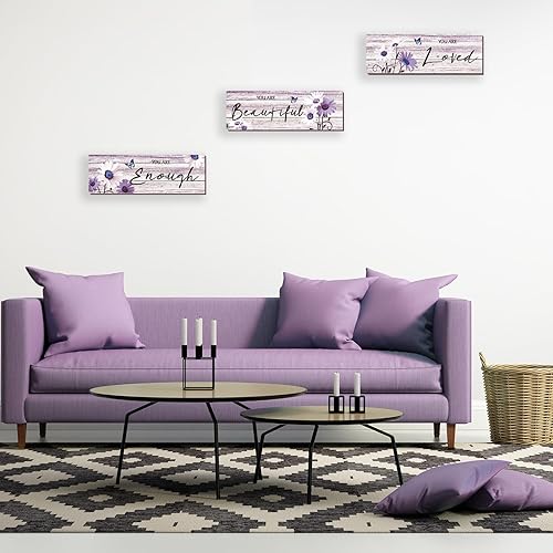 Miniatura 4 de ONIZHITY 3 piezas de decoración de pared de madera con margaritas moradas, citas positivas, arte de pared inspirador para niñas, decoración de