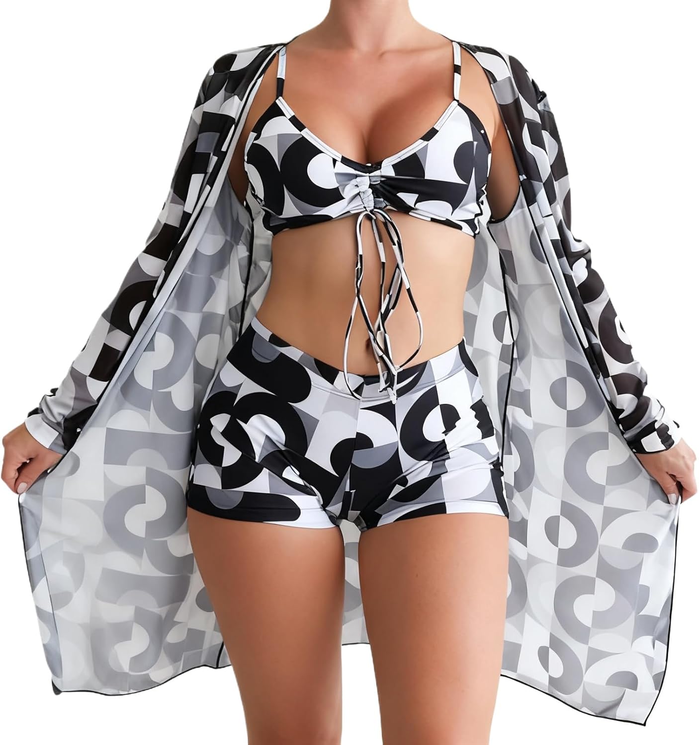 Women's 3-Piece Bikini Set with Cover Up, Geometric Print High Waist Shorts Tie Push Up Swimsuit, Control Beachwear