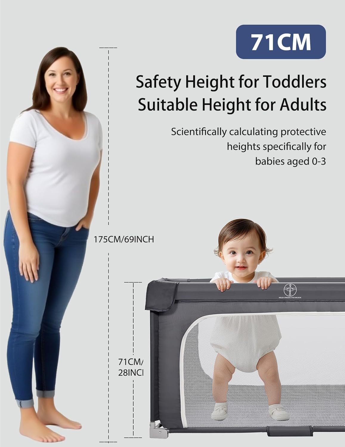 Color Grey Foldable Baby Playpen, Play Pens for Babies and Toddlers, Indoor & Outdoor Portable Kids Safety Fence with Gate, Easy Setup Play Yard with 360° Visible Mesh and Carrying Bag, Grey