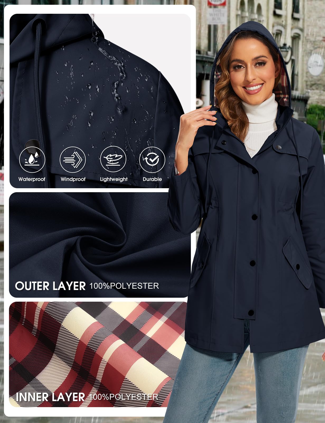 Giacca Impermeabile Donna Giacca Trench Pioggia con Cappuccio Parka Lungo Giacca a Vento Traspirante Leggero Antipioggia Antivento All'aperto