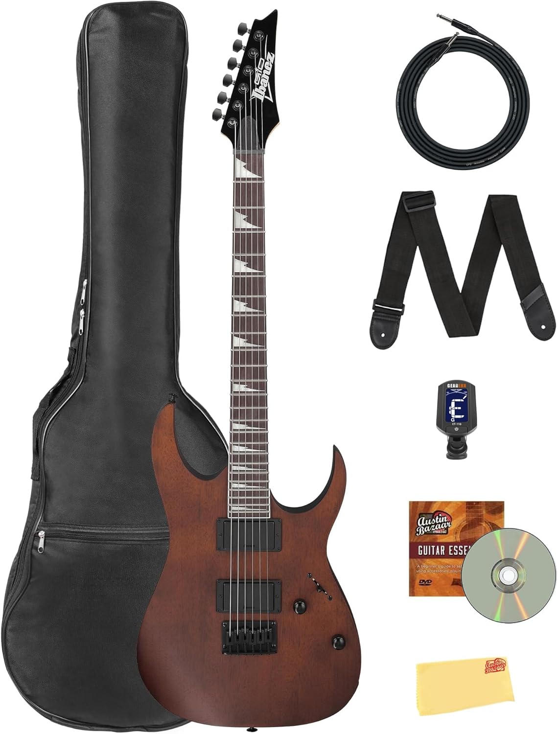 Ibanez GRG121DX RG Gio Electric Guitar - Walnut Flat Bundle with Gig Bag, Tuner, Strap, Instrument Cable, Austin Bazaar Instructional DVD, and Polishing Cloth