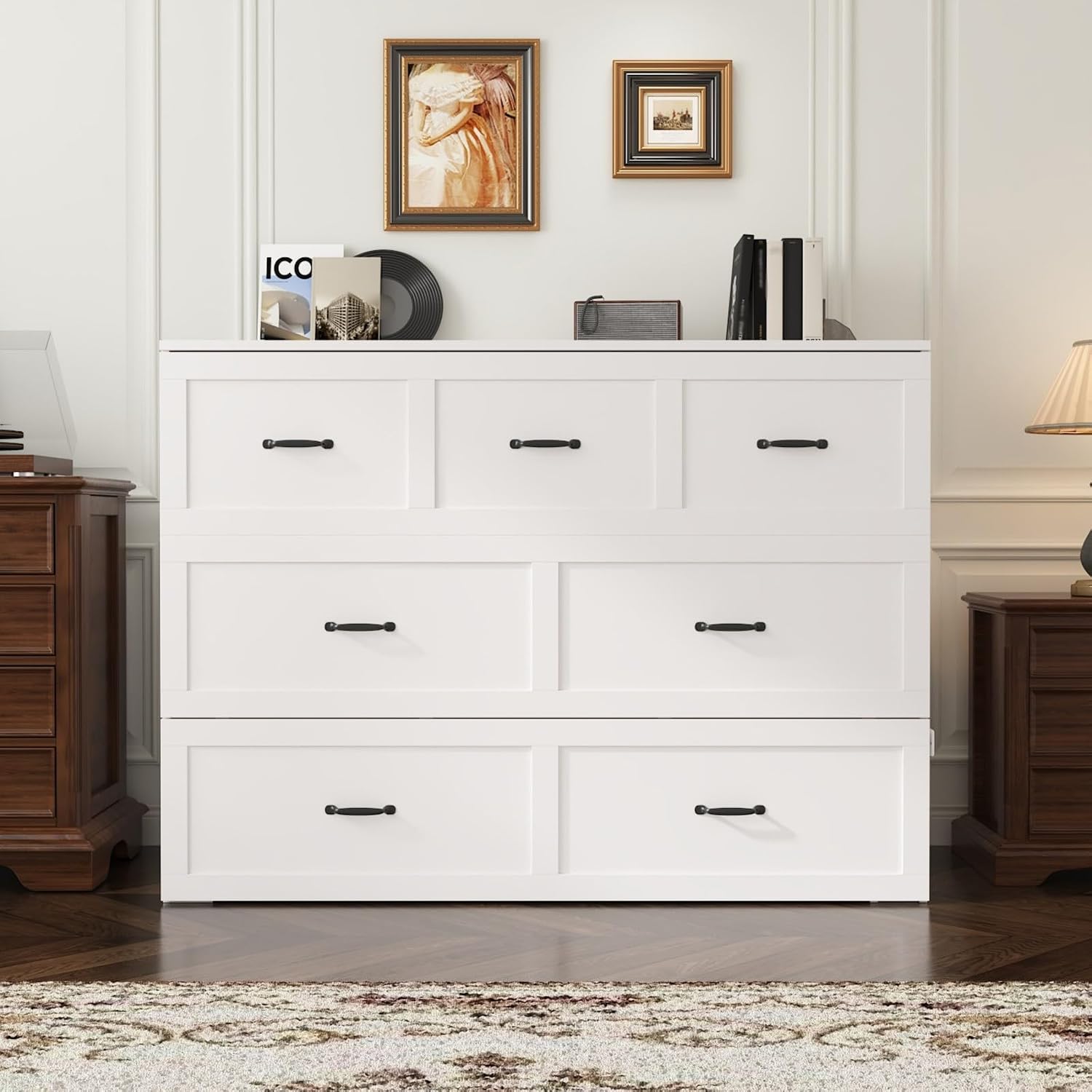 FAMAPY Queen Size Murphy Bed Queen Murphy Bed Chest with Charging Station & Large Storage Drawer, Hideaway Queen Foldable Platform Bed for Home, White, 81”L x 61.9”W x 44.3”H