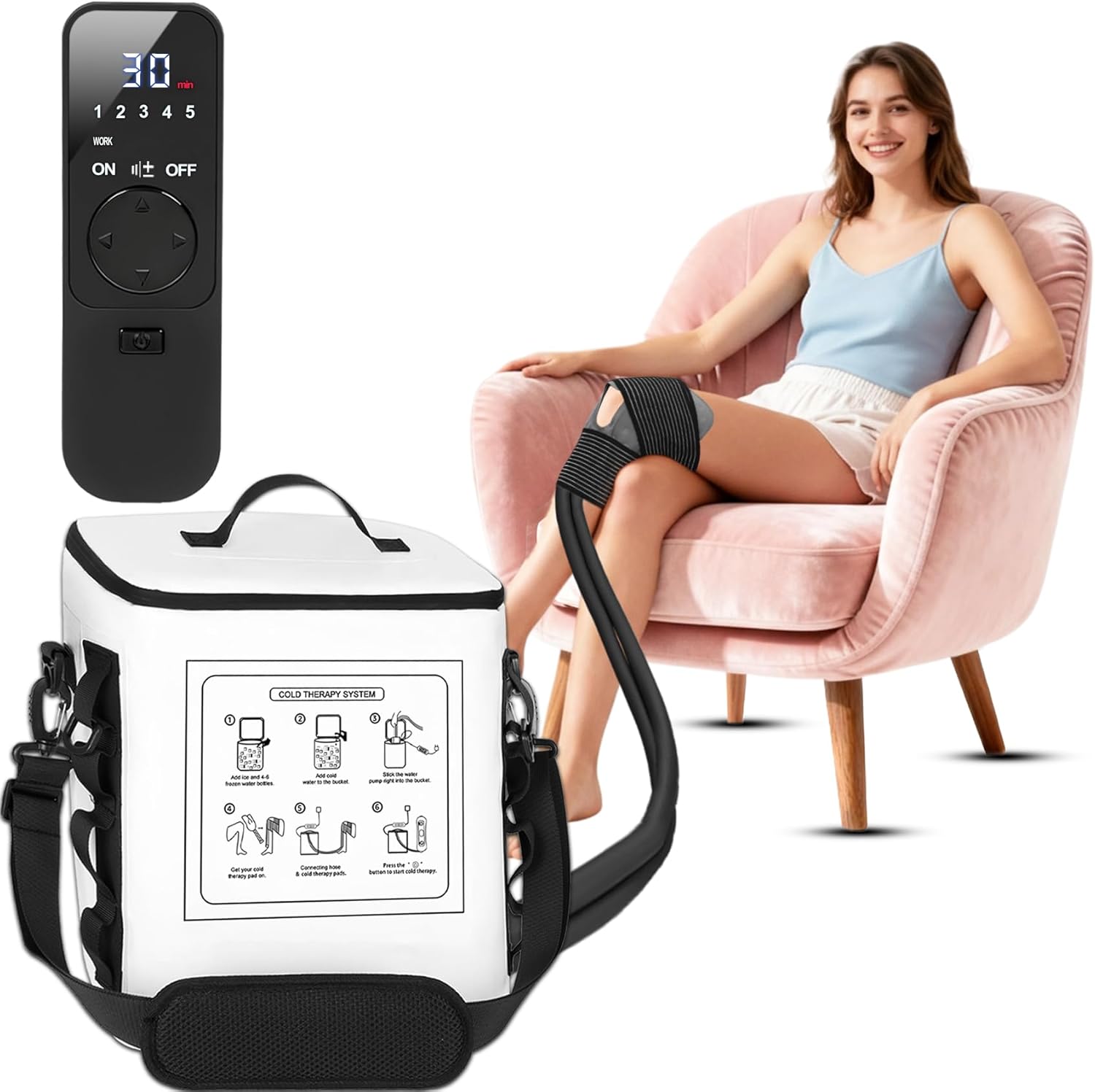 Ice Therapy Machine with Programable Timer & Cold Compress Pads for Knees, Shoulders, Portable Cold Therapy Machine for Knee Replacement, Cycle/Timed/Continuous Working Modes, 5 Icing Intensity