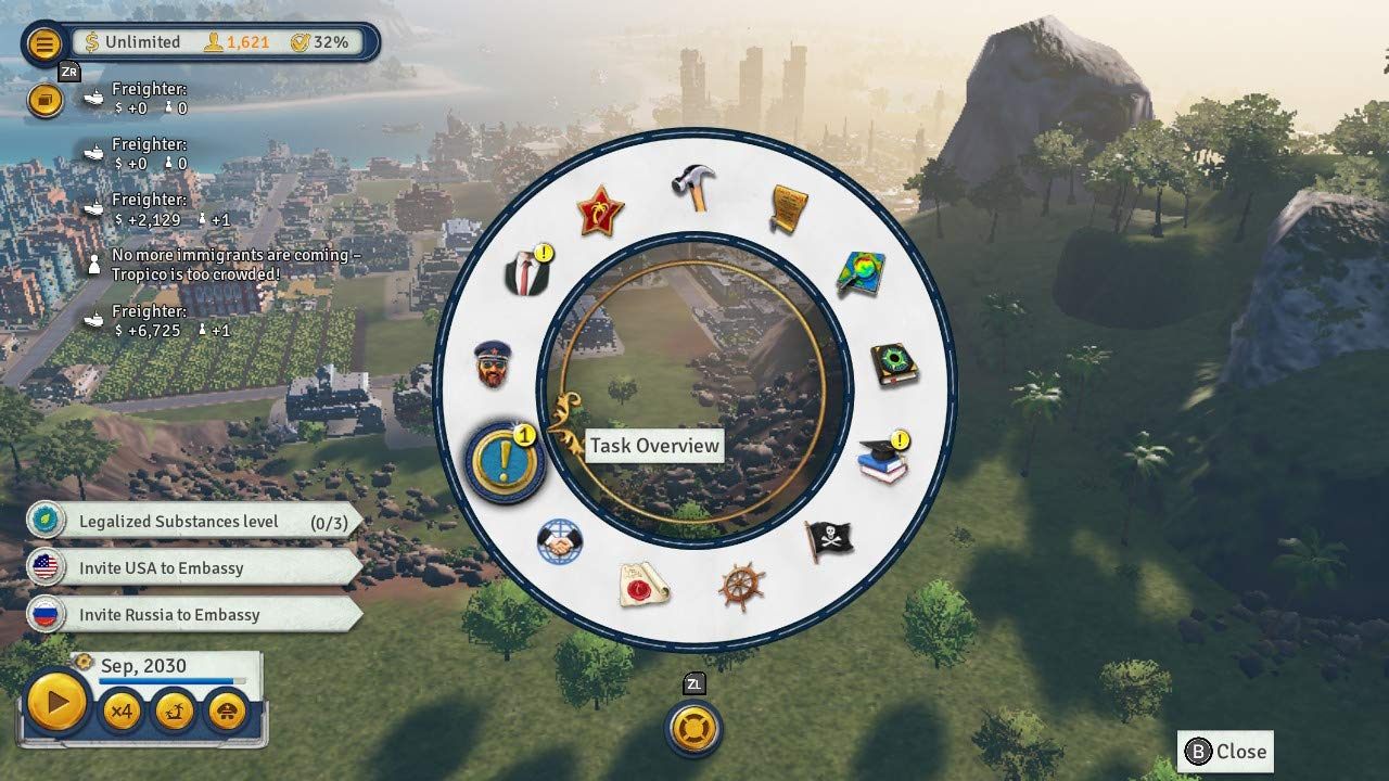 In-game screenshot of the task overview menu, showing various icons for different game functions.