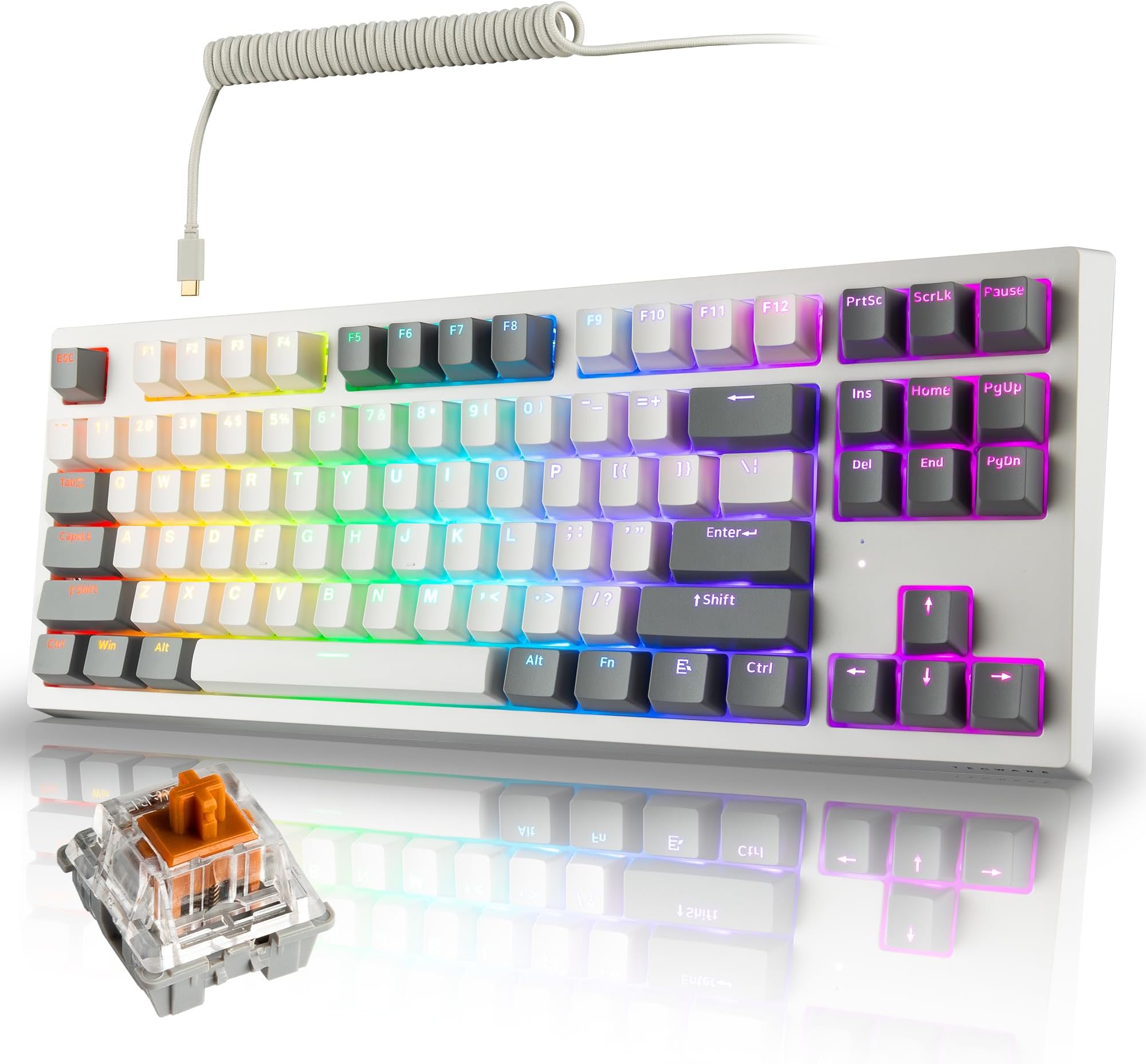 TECWARE Phantom+ Elite 87 Mechanical Gaming Keyboard | RGB LED Backlit | Hot Swappable Wraith Brown Switches | 87 Key TKL Layout | Thocky Sound Profile | Tri-Mode Wireless Bluetooth/2.4GHz | White