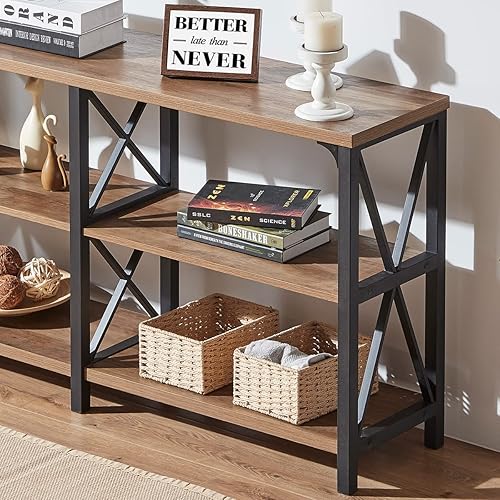 Miniatura 61 de IBF Mesa de entrada de granja, mesa consola larga rústica detrás del sofá, moderna mesa de sofá de madera de metal con estantes de almacenamiento,