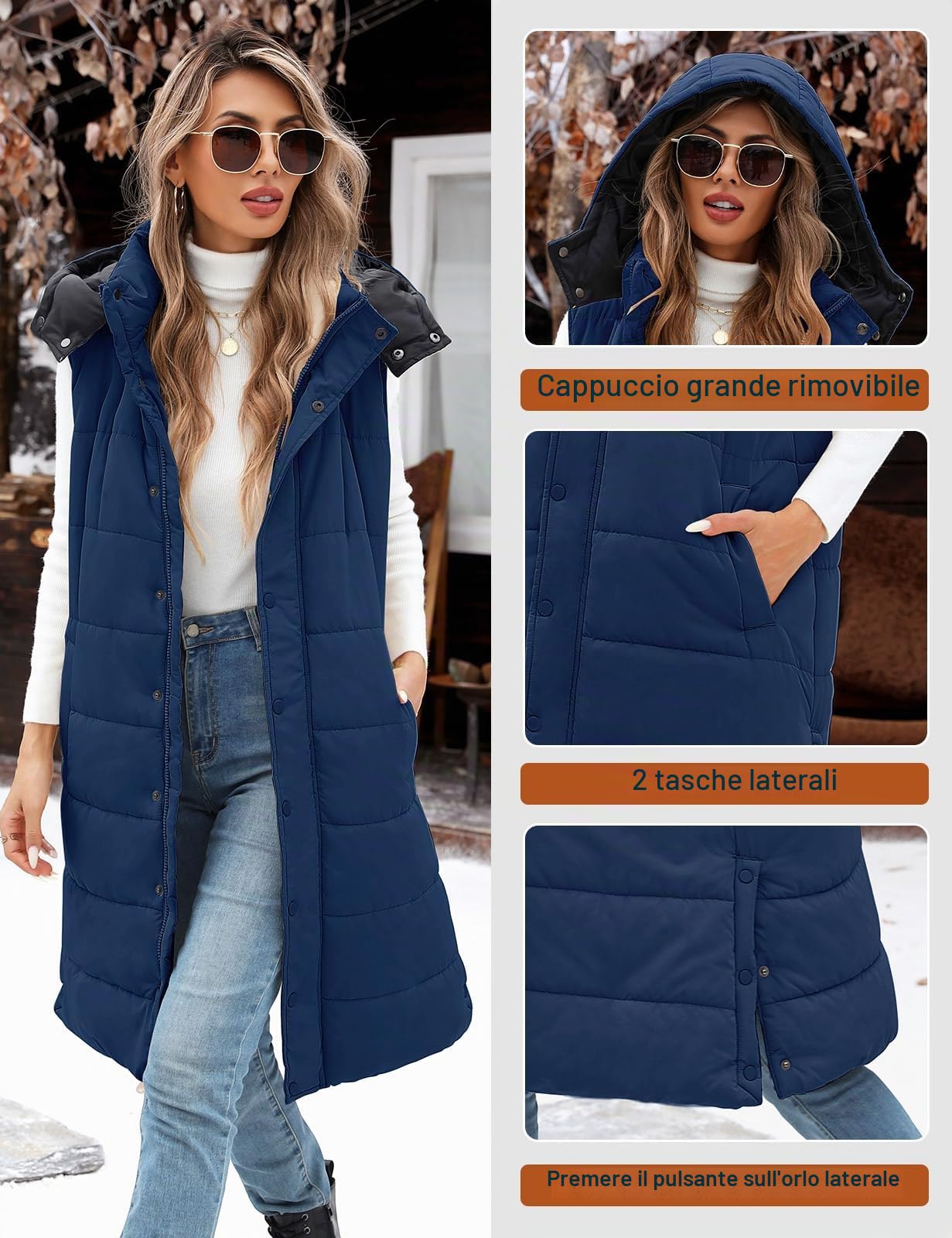 Tuopuda Gilet Donna Lungo, Smanicato Piumino Invernale, Gilet con Cappuccio Cappotto Senza Maniche Termico Giubbotto Imbottito Giacca Trapuntato con Cerniera