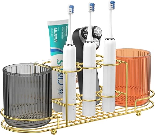 Aolldy Portacepillos de dientes con 2 tazas  Soporte de pared para cepillos de dientes eléctrico de acero inoxidable dorado, soporte para maquinilla