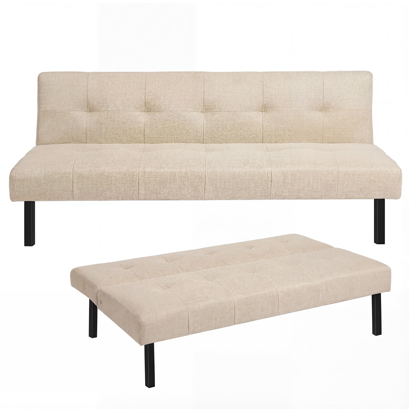 Panana 3 Seater Polyester Fabric Convertible Futon Click-Clack Sofa Bed, RECLINING SETTEE (Beige)
