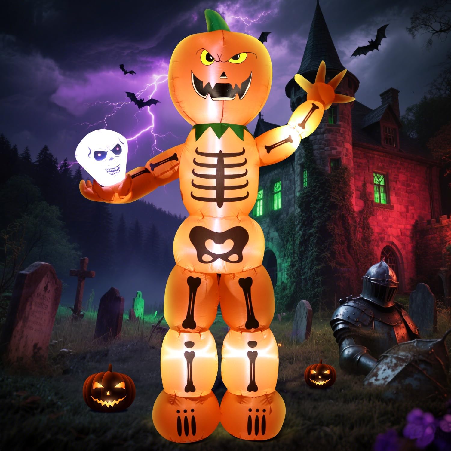 DomKom Halloween Inflatable Blow Up Decorations, 8FT Giant Skeleton Stacked Pumpkin Man Holding Skull, Built-in LEDs for Holiday Party, Garden, Lawn, Yard, Patio Decor