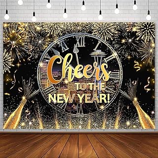 AIBIIN 7x5ft Black Gold Happy New Year Backdrop 2024 Kiss Me at Midnight Photography Background Cheers to The New Year Eve Hello 2024 Party Decorations City Night Firework Champagne Banner Photo Props