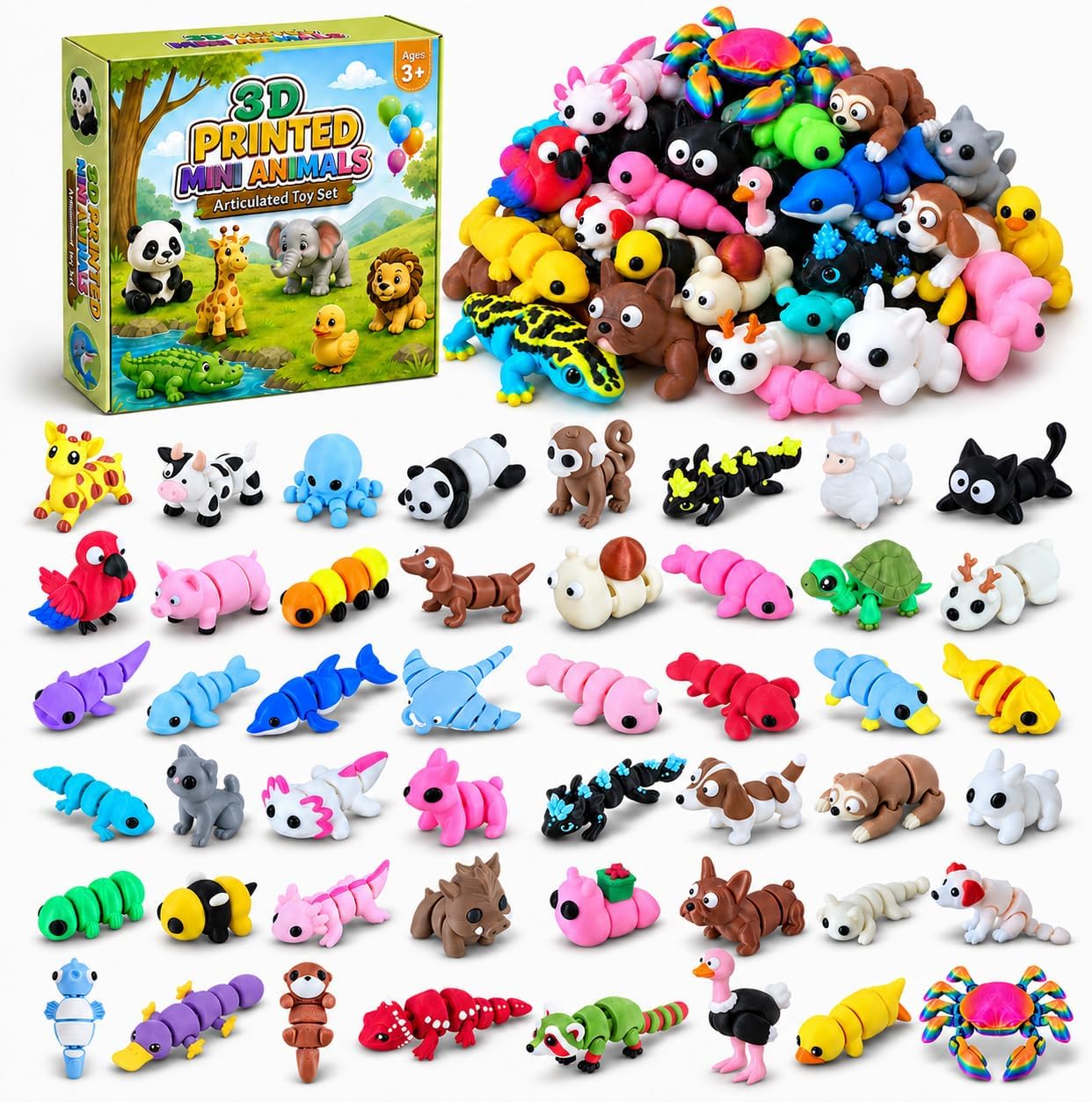 72 PCS Mini 3D Printed Animals, Articulated Fidget Toys for Kids