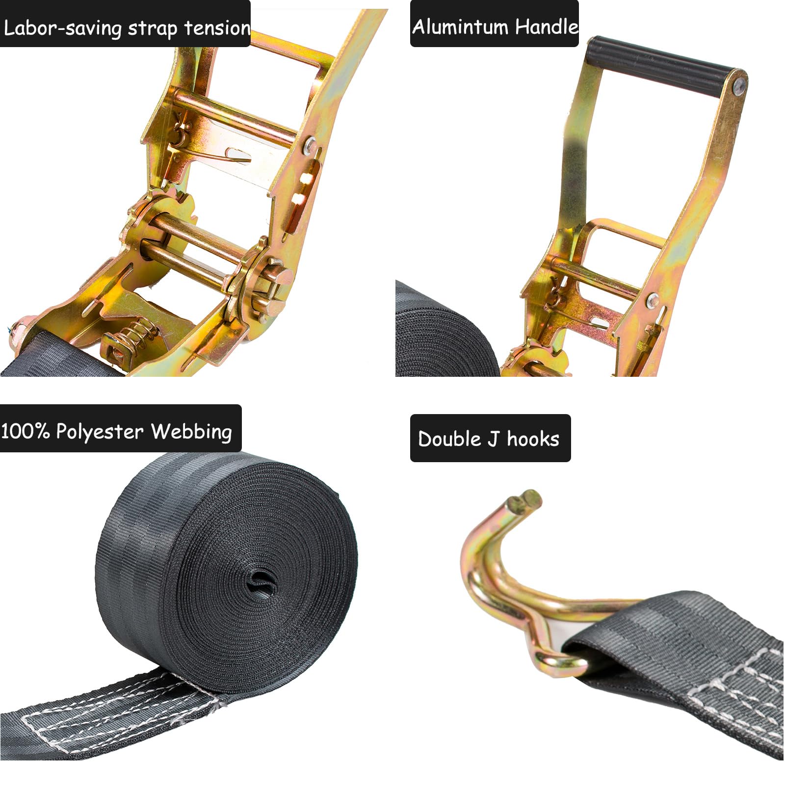 Confezione da 4 cinghie a cricchetto da 5 cm, resistenti, resistenza alla rottura di 4,535 kg, 9,8 m, cinghie a cricchetto con doppio gancio a J, cinghie a cricchetto per camion, rimorchi, moto