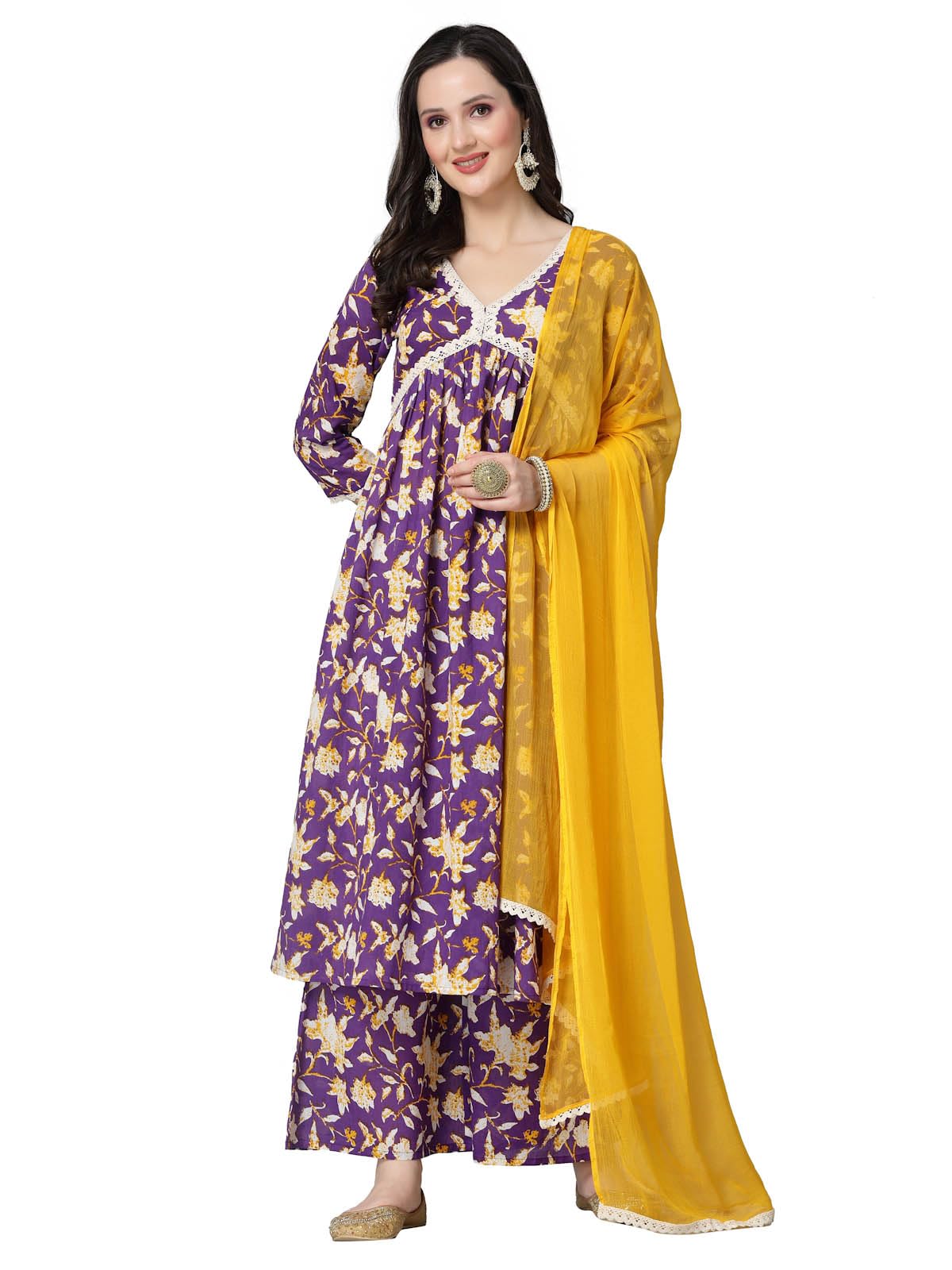 Stylum Women's Floral Printed Cotton Alia Cut Kurta Palazzo Dupatta Set (Kpdvoilzayla40_Voilet, L)