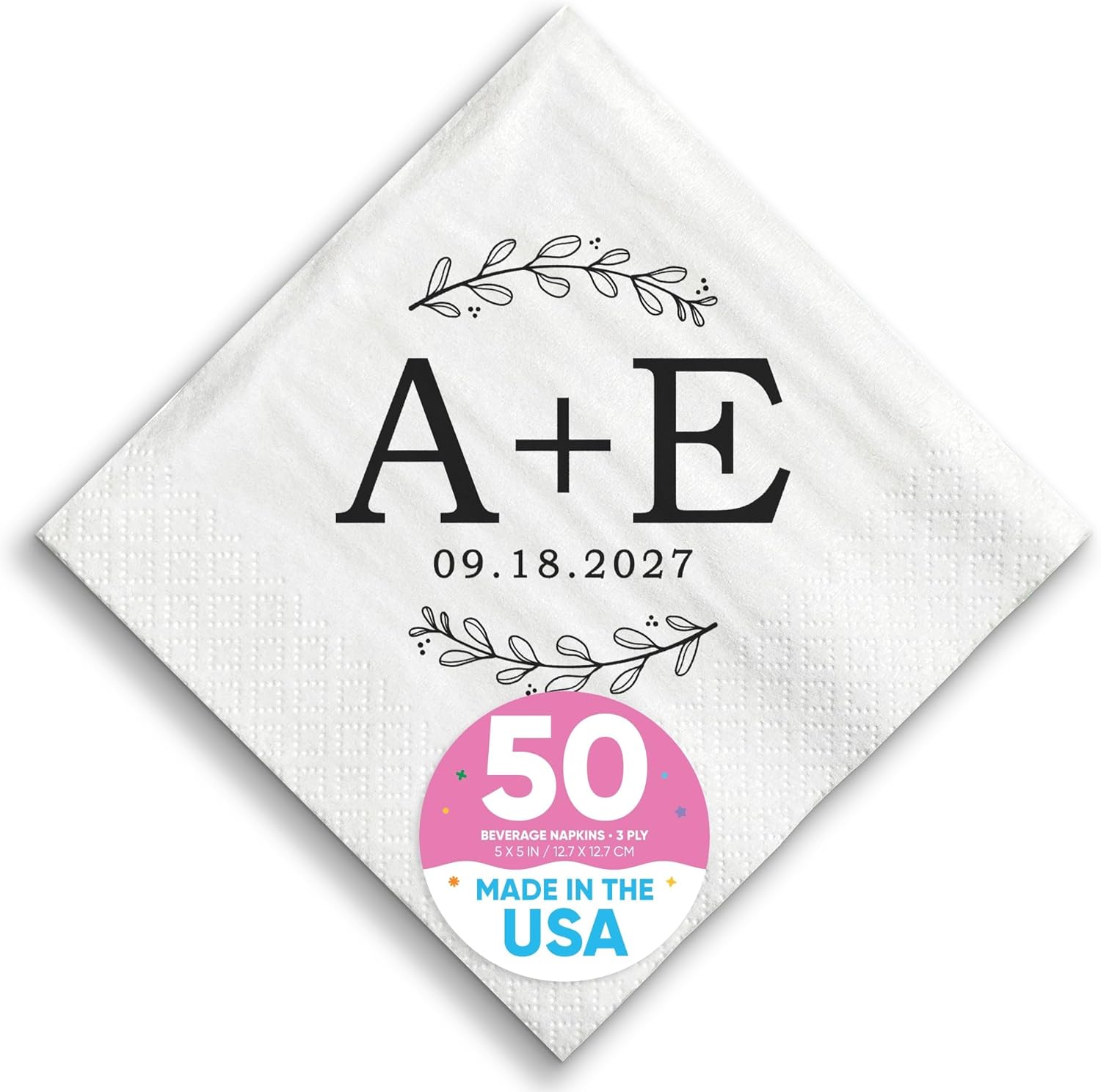 Big Dot of Happiness Personalized Rustic Leaves Monogram Wedding Napkins, Custom Engagement or Anniversary Party Laurel Wreath Branch Decor, White 3-Ply Paper Beverage Napkins - 50 Count