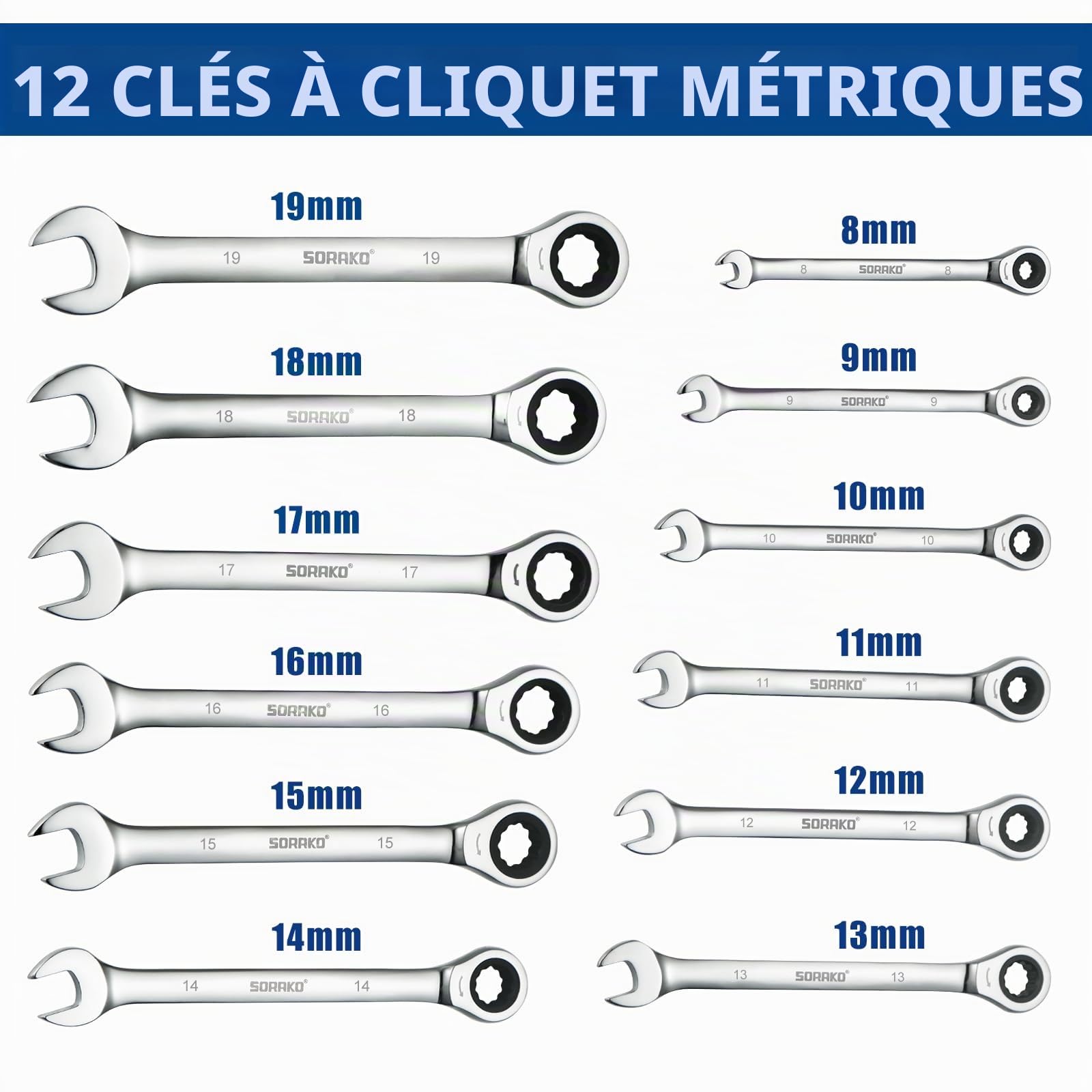 SORAKO Lot de 12 clés mixtes à cliquet à 72 dents - 8 à 19 mm - Jeu de clés mixtes à tête fixe - Dans un sac en rouleau