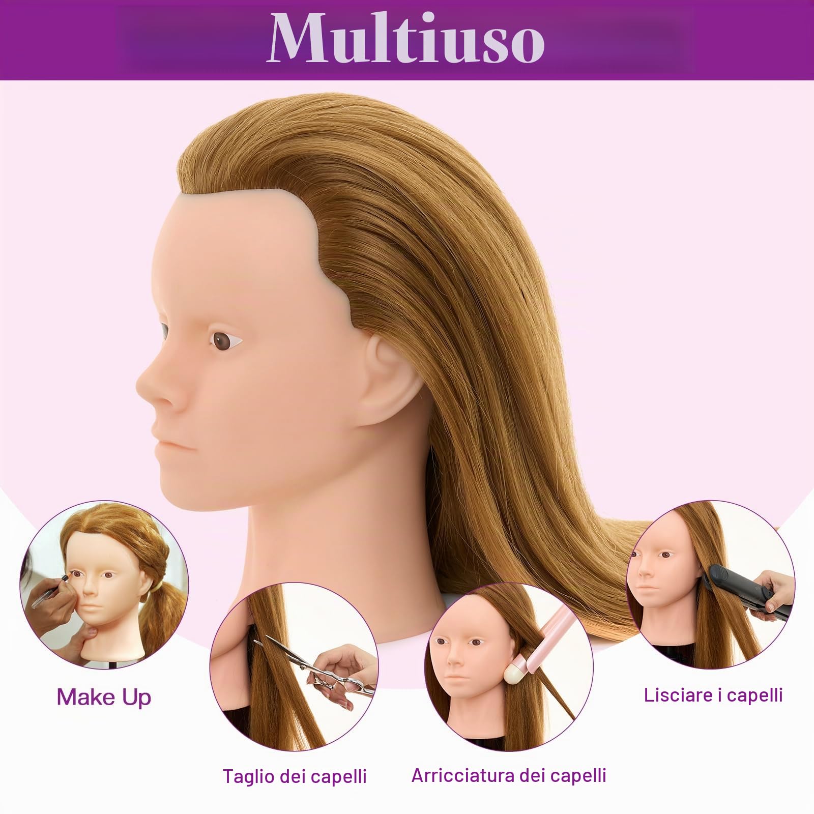 Neverland 71cm Testa Bambola da Truccare e Pettinare con Capelli Veri, Testa per Parrucchieri, Supporto da Tavolo (Biondo)