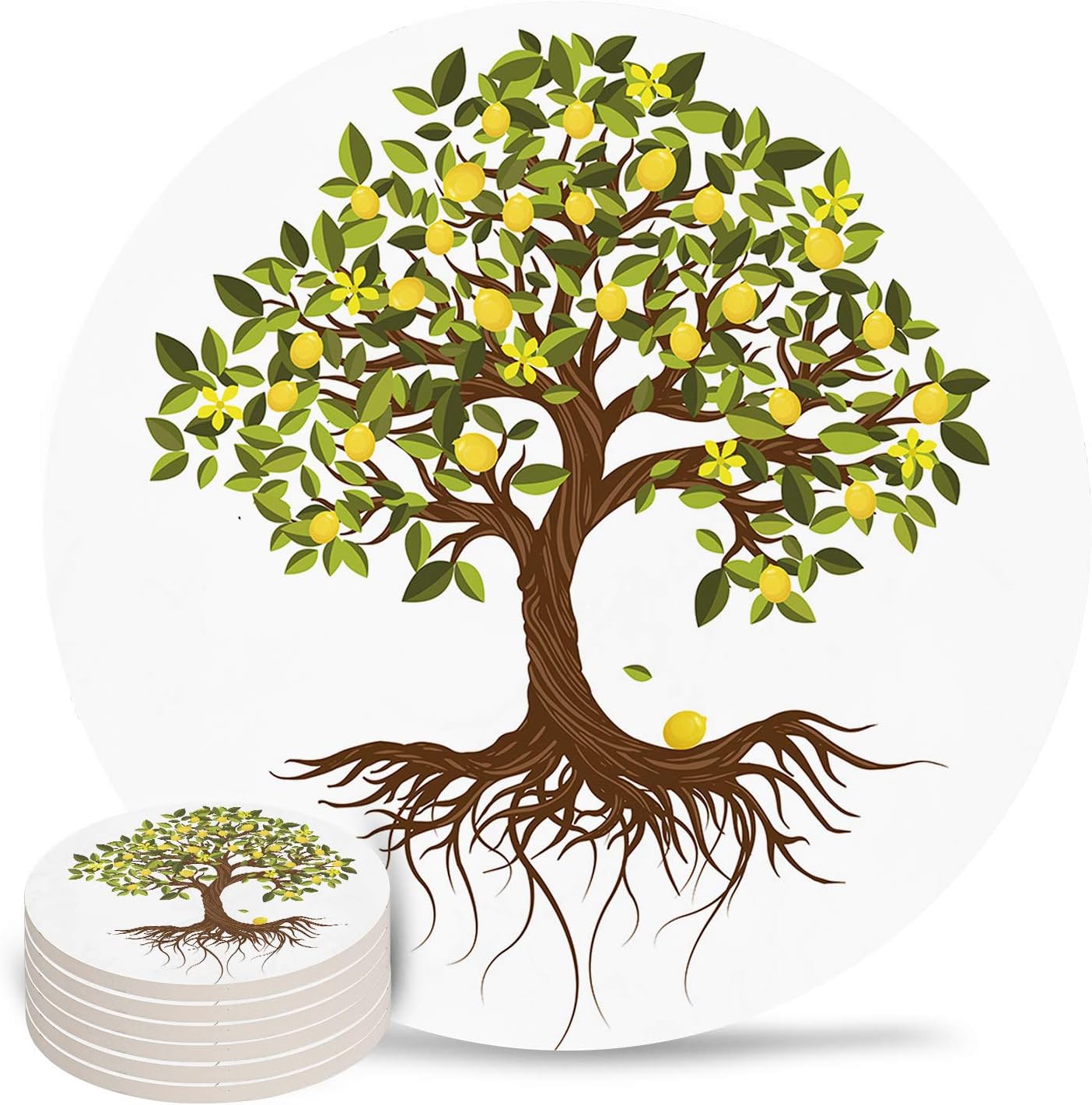 Amazon コースター 吸水カップマット おしゃれ 6枚 セット レモン レモンの木 果物 格子 お茶パッド マグ パッド 茶托 コルク裏面 丸型 断熱 防水 速乾 滑り止め 家庭用 オフィス用 新築祝い 贈り物 コースター オンライン通販