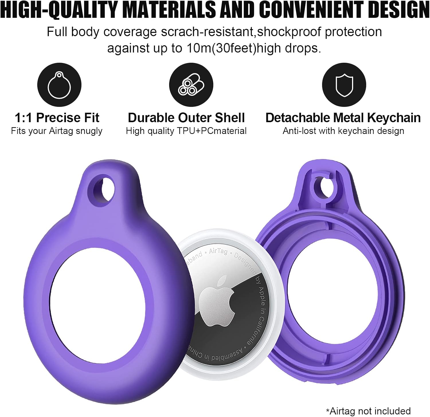 Supfine Waterproof Airtag Holder,2 Pack Air Tag Keychain,Hard PC+TPU Full Body Protective Tracker Case with Loop Key Ring for Apple Tags,IPX8 Airtags Cover for Wallet,Luggage,Cat,Dog,Pets(Purple) image 5
