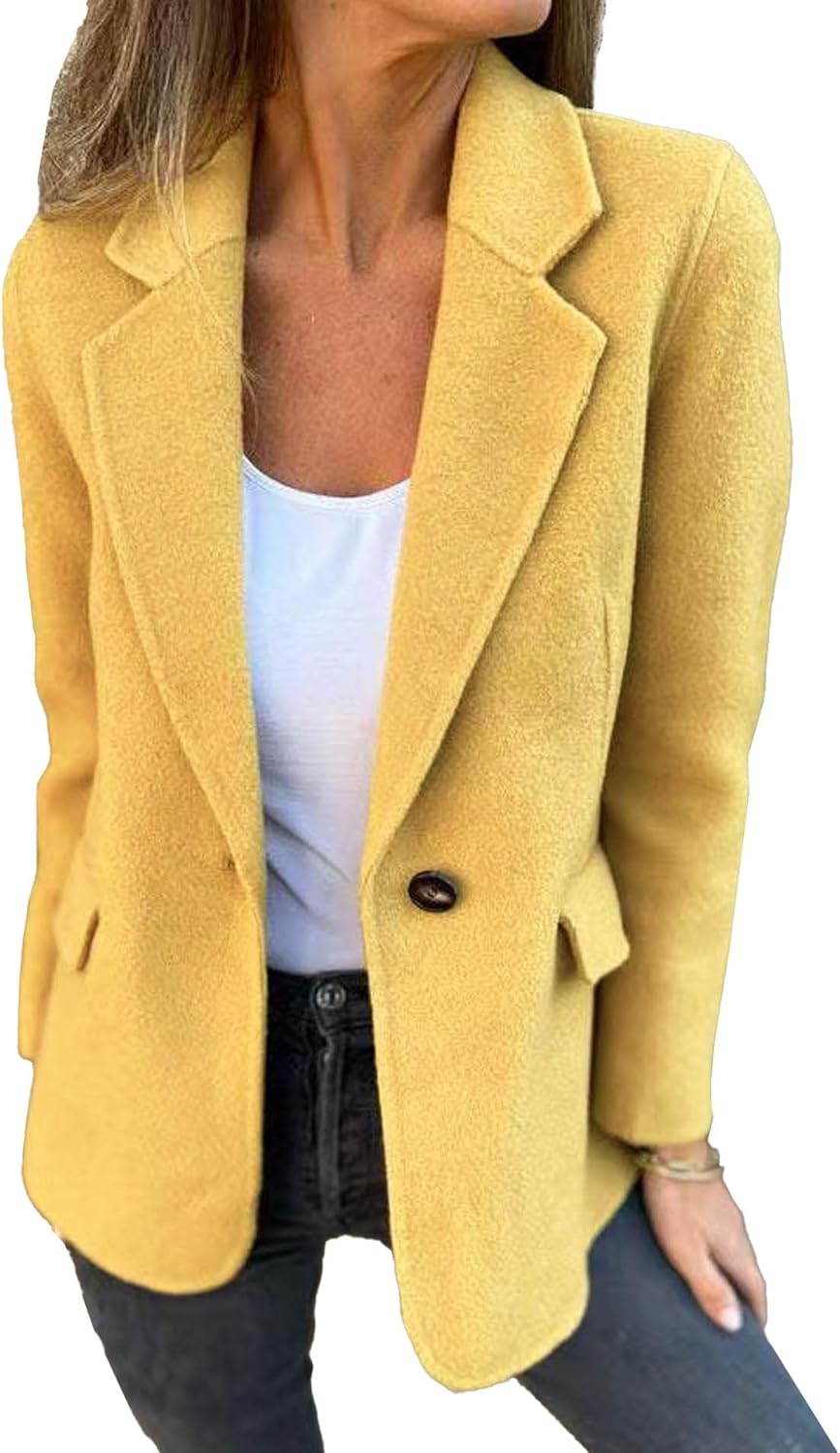 Sexyshine Women's Notch Lapel Single Button Wool Blend Blazer Casual Open Front Business Work Jacket Pea Coat