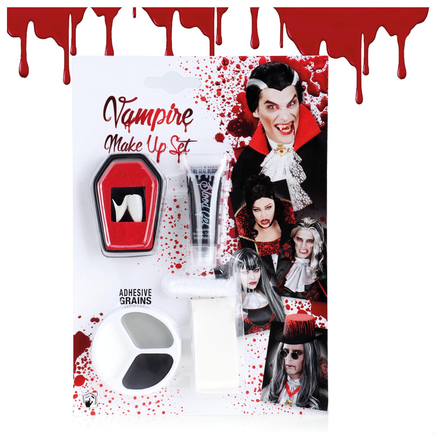 COM-FOUR® 5-czesciowy zestaw do makijazu na Halloween - akcesoria do kostiumu wampira z zebami wampira, sztuczna krwia, gabka, koralikami samoprzylepnymi i paleta do makijazu