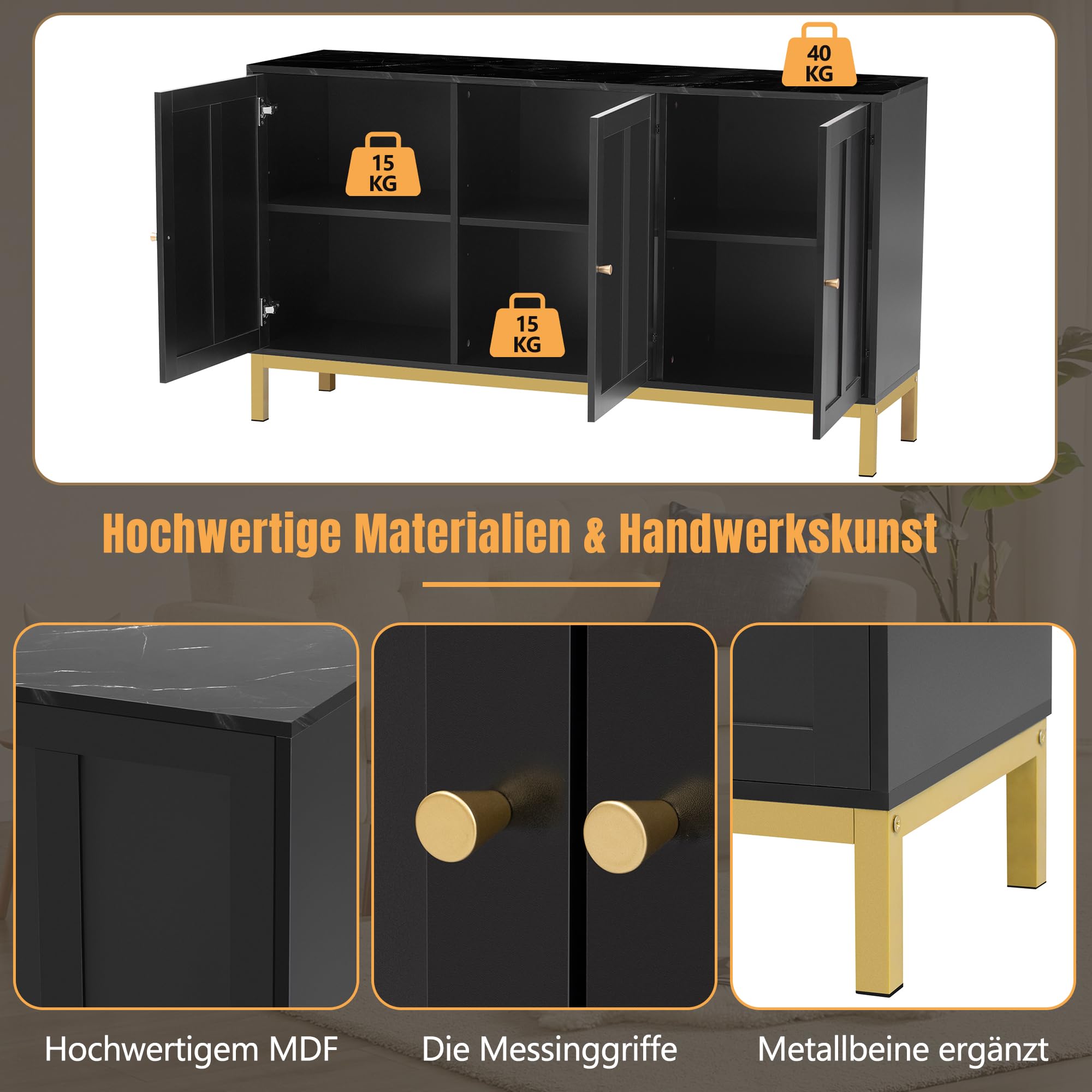 Moderna credenza a 4 ante: design elegante in bianco e oro, ripiani regolabili in altezza: per soggiorno, sala da pranzo e corridoio. | Leroy Merlin