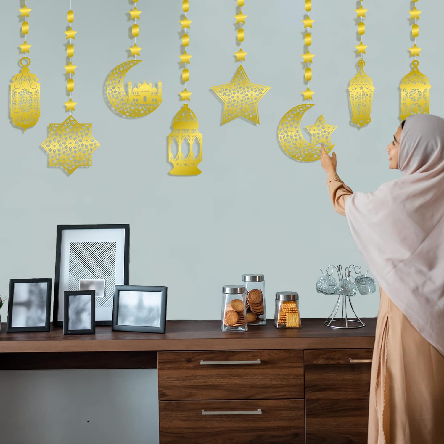 Ramadan decoraties voor thuis, houten hangende ramadan decoraties, Ramadan Mubarak Kraftpapier Garland Eid decoraties, ster maan lantaarn Ramadan Kareem Decor voor islam Festival Feestbenodigdheden