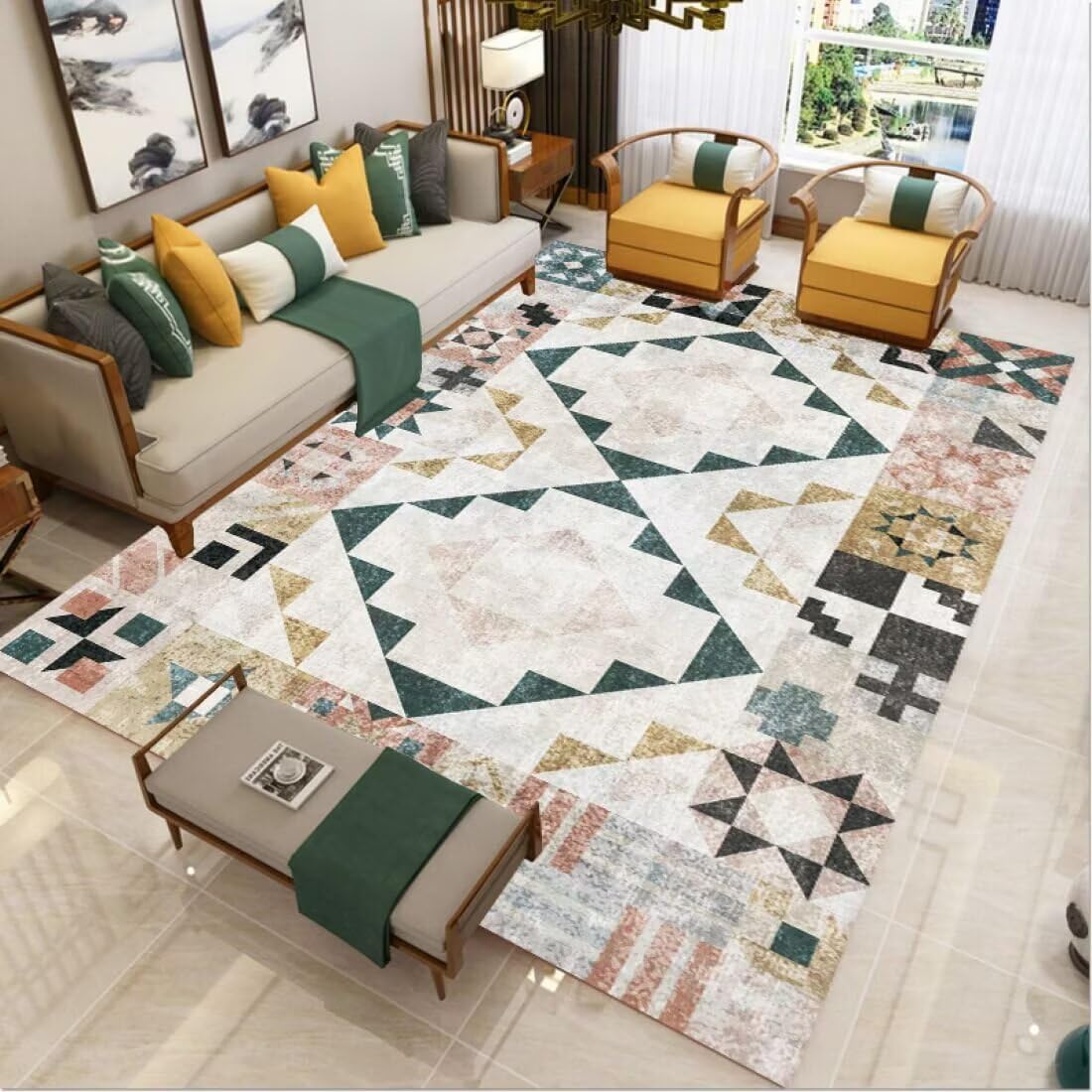 Tapis de sol exterieur 140x200cm motif geometrique moderne gris