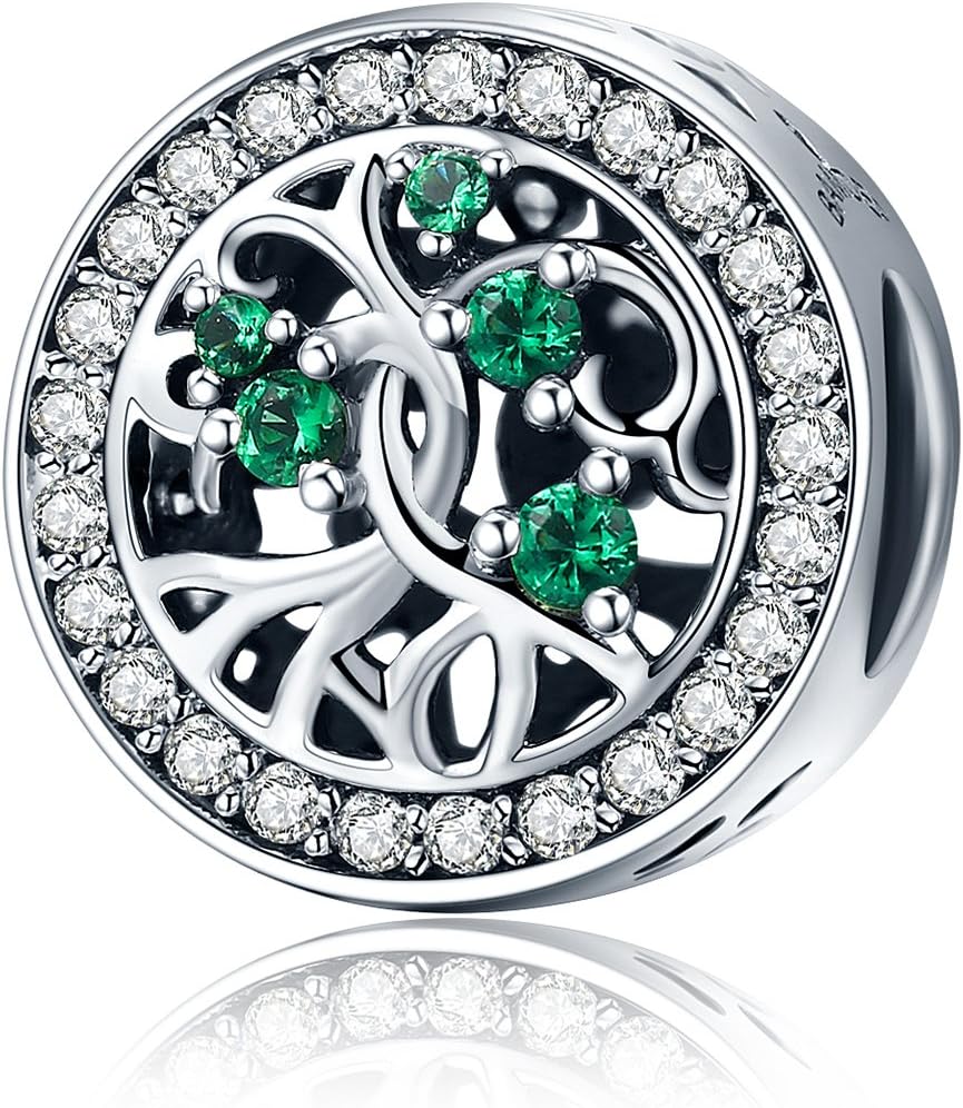 Family Tree of Life Charms-Green Cubic Zirconia Charm-Sterling Silver 925 Charm Bracelet Bead